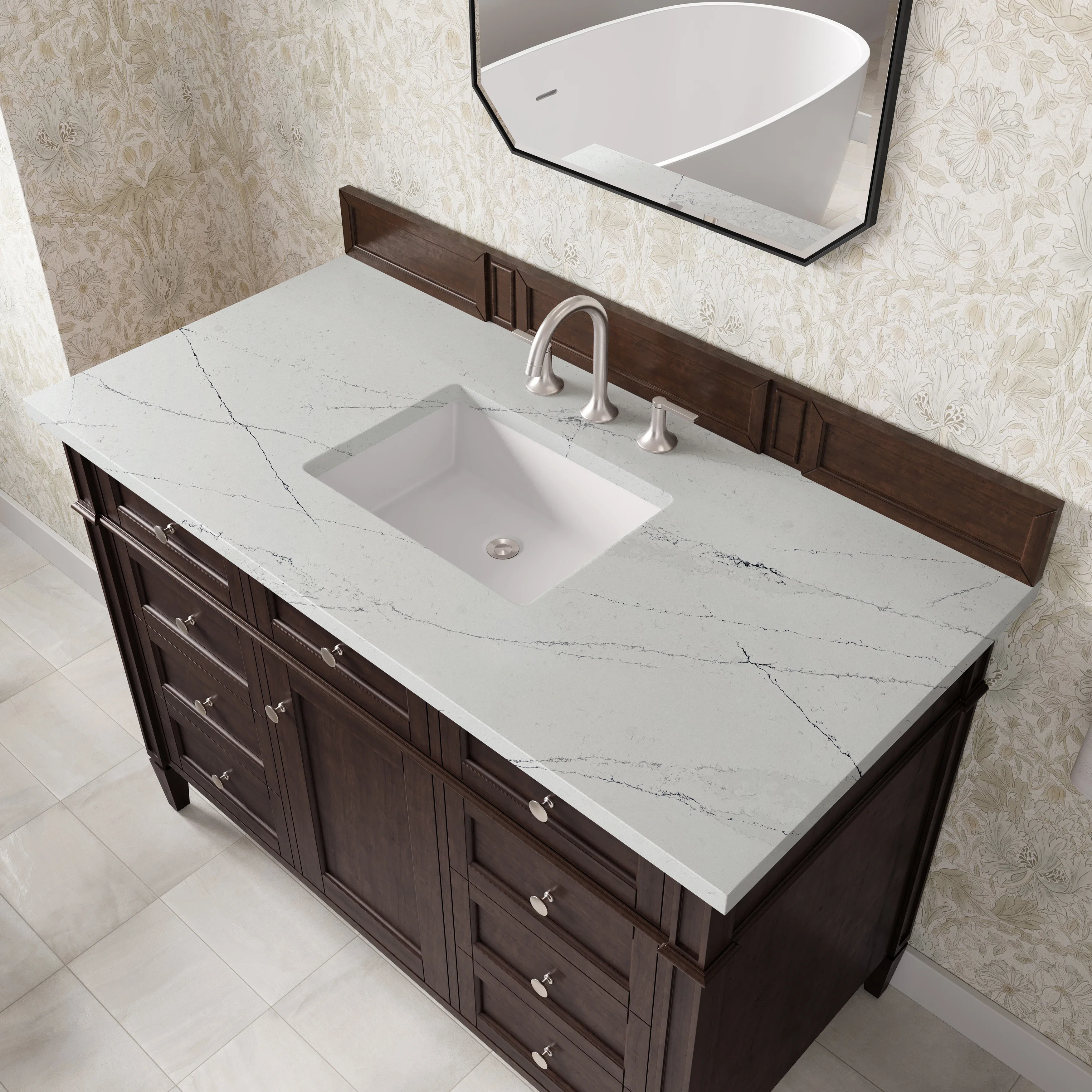 Brittany 48" Single Vanity, Burnished Mahogany w/ 3 CM Ethereal Noctis Silestone Top