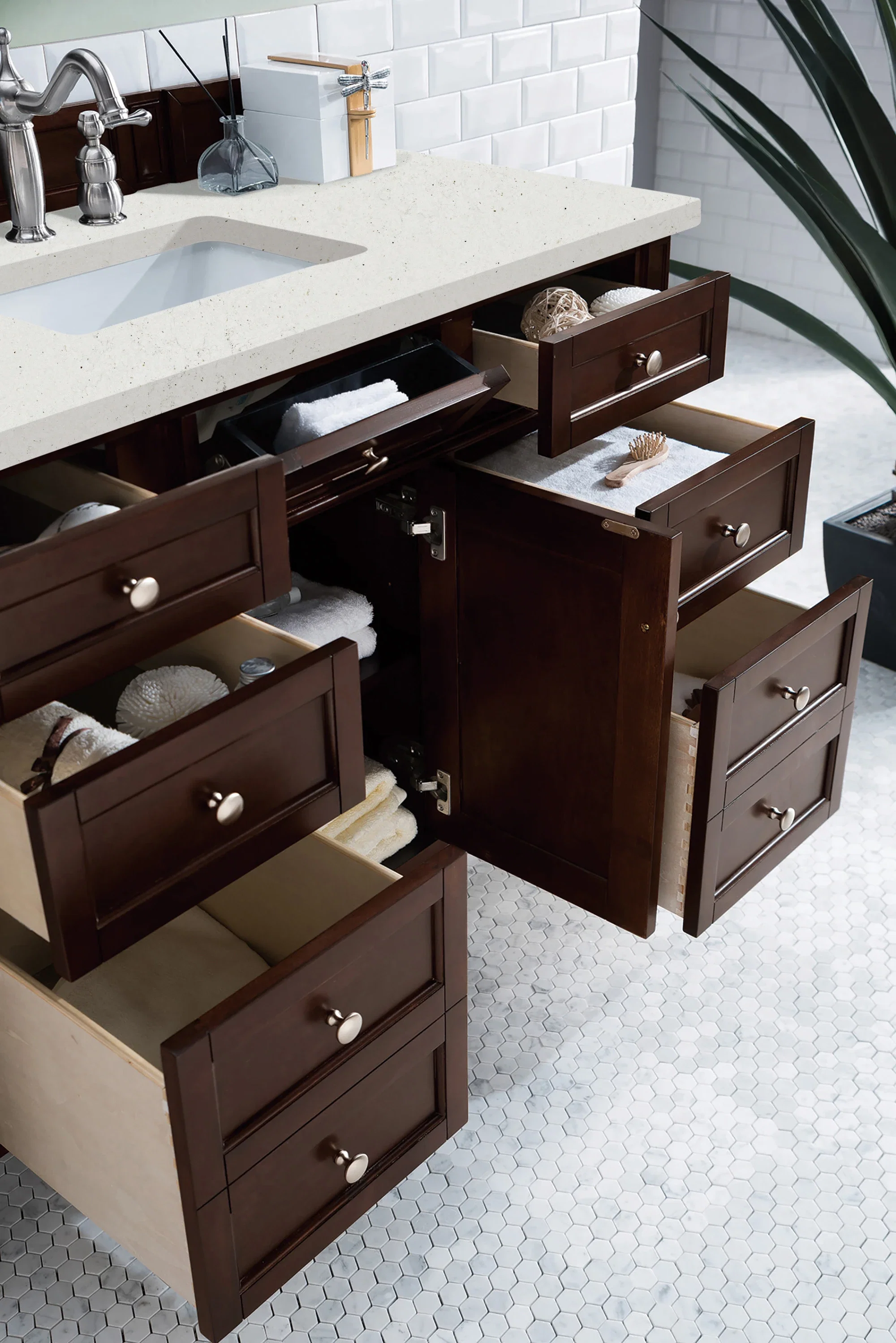 Brittany 48" Single Vanity, Burnished Mahogany w/ 3 CM Lime Delight Silestone Top