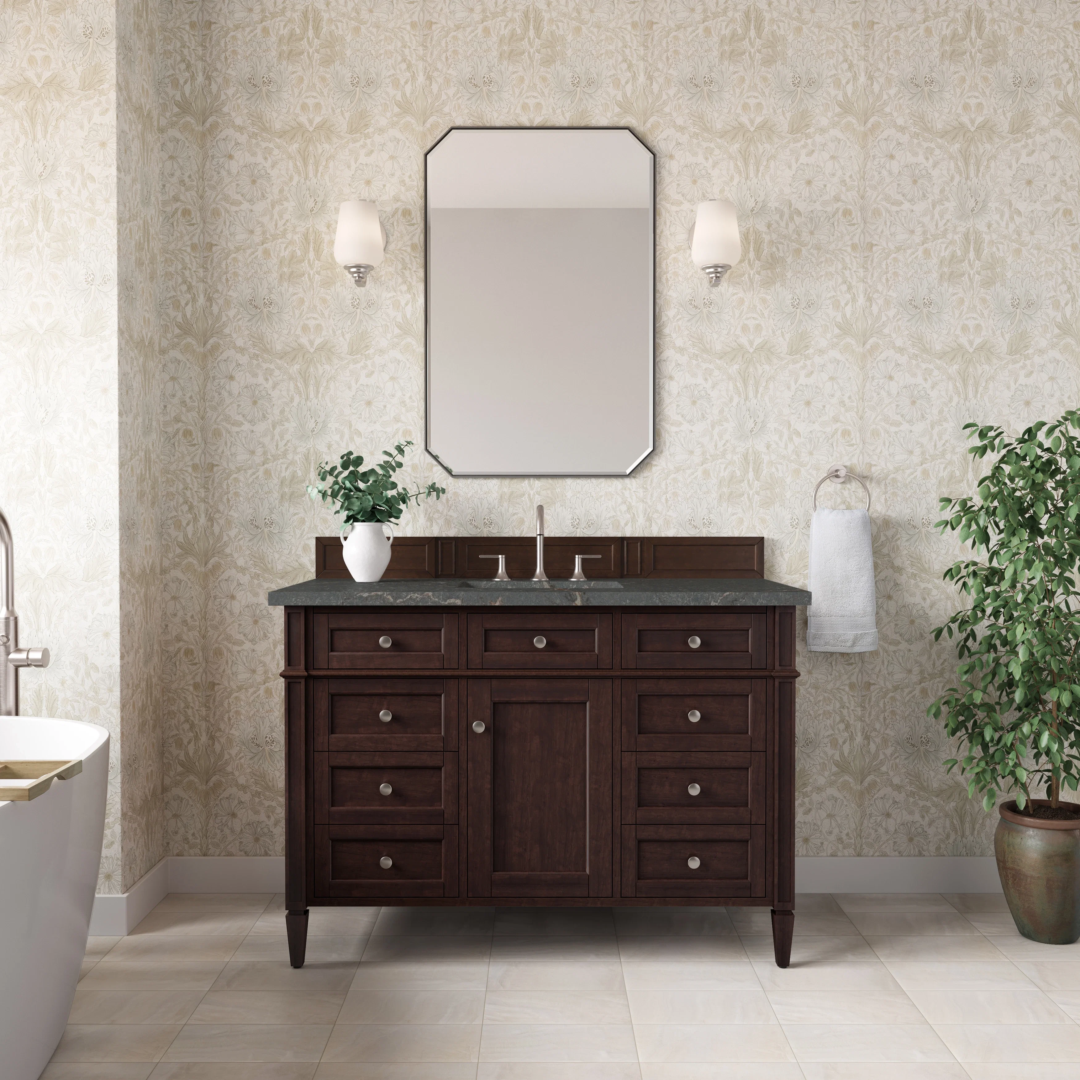 Brittany 48" Single Vanity, Burnished Mahogany w/ 3 CM Parisien Bleu Silestone Top