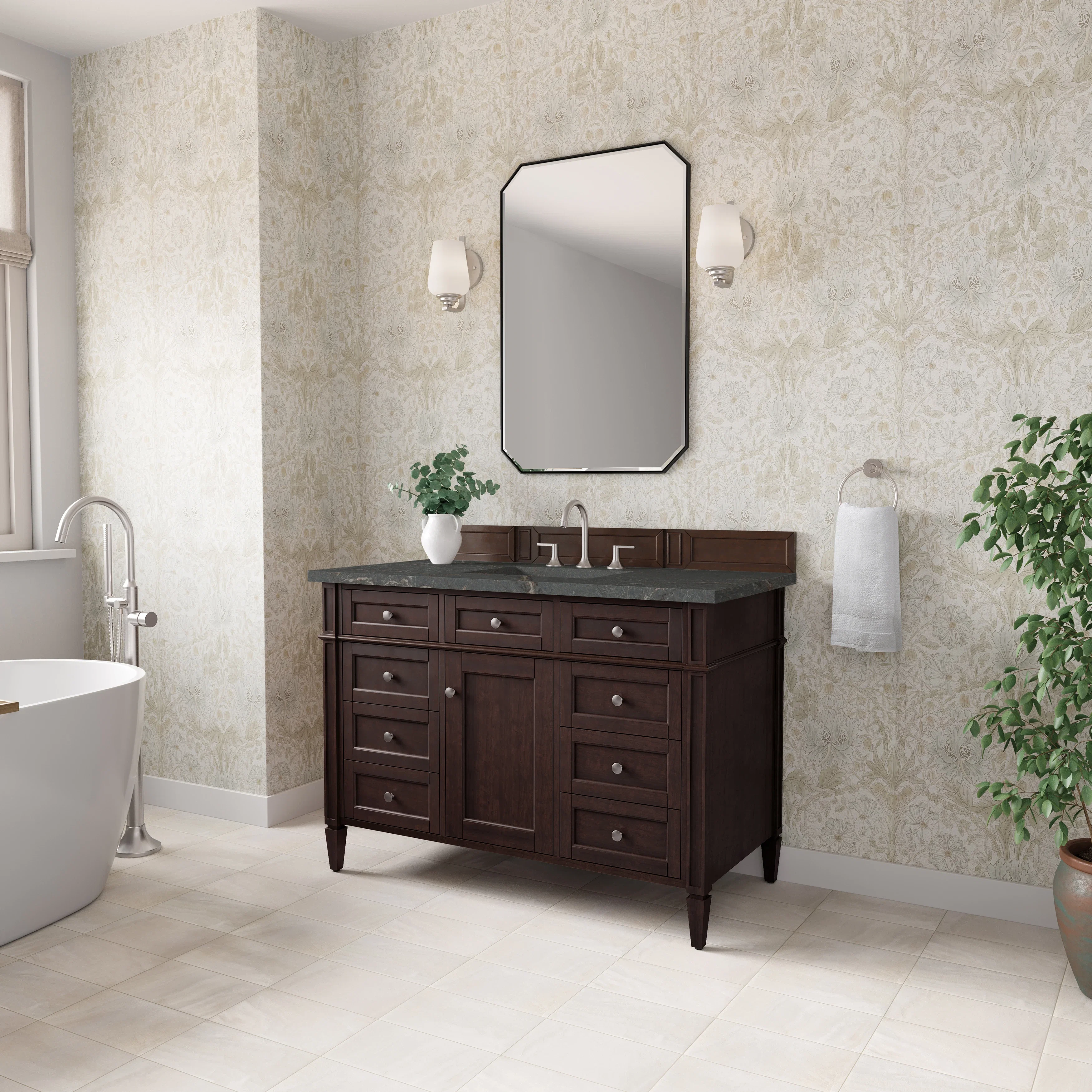 Brittany 48" Single Vanity, Burnished Mahogany w/ 3 CM Parisien Bleu Silestone Top