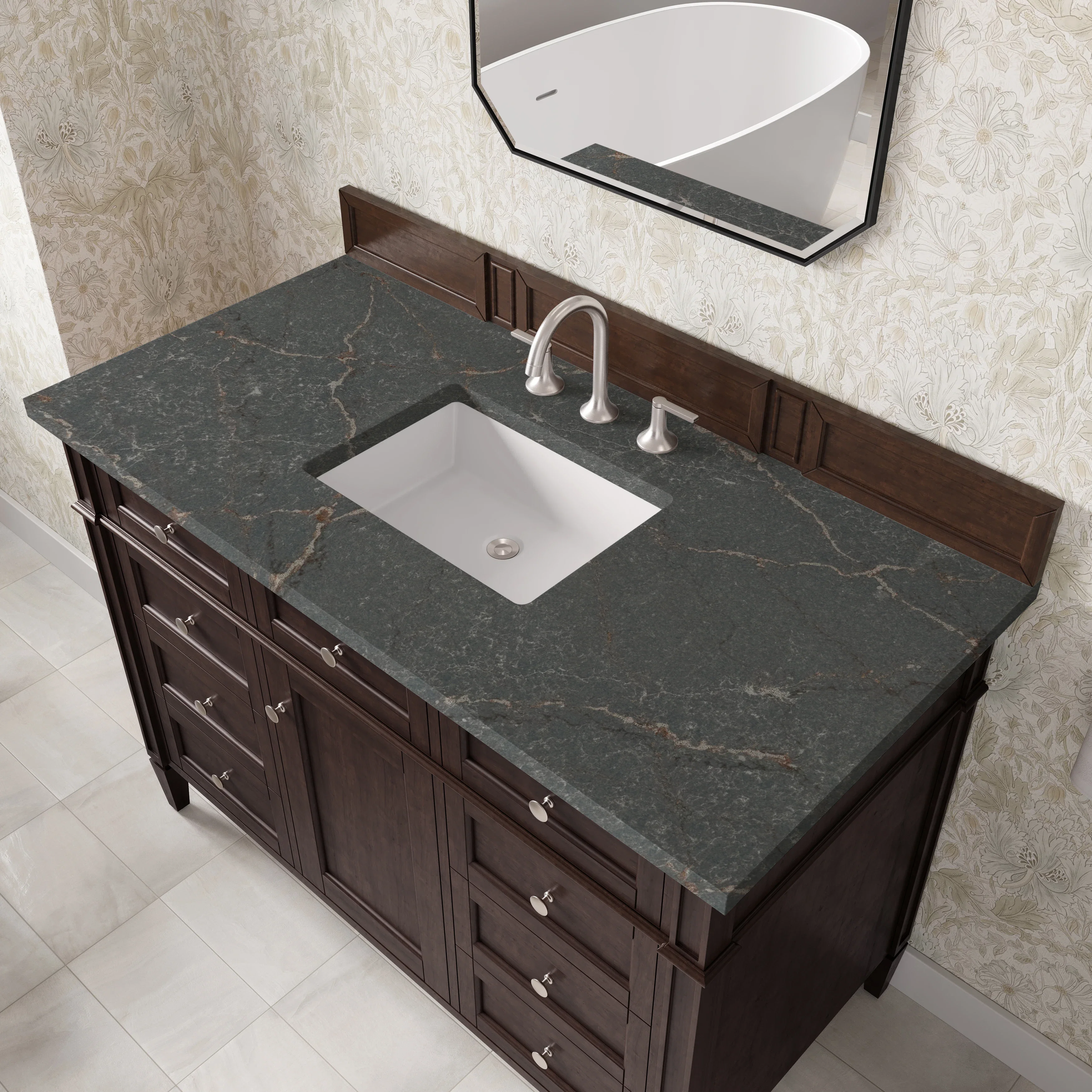 Brittany 48" Single Vanity, Burnished Mahogany w/ 3 CM Parisien Bleu Silestone Top