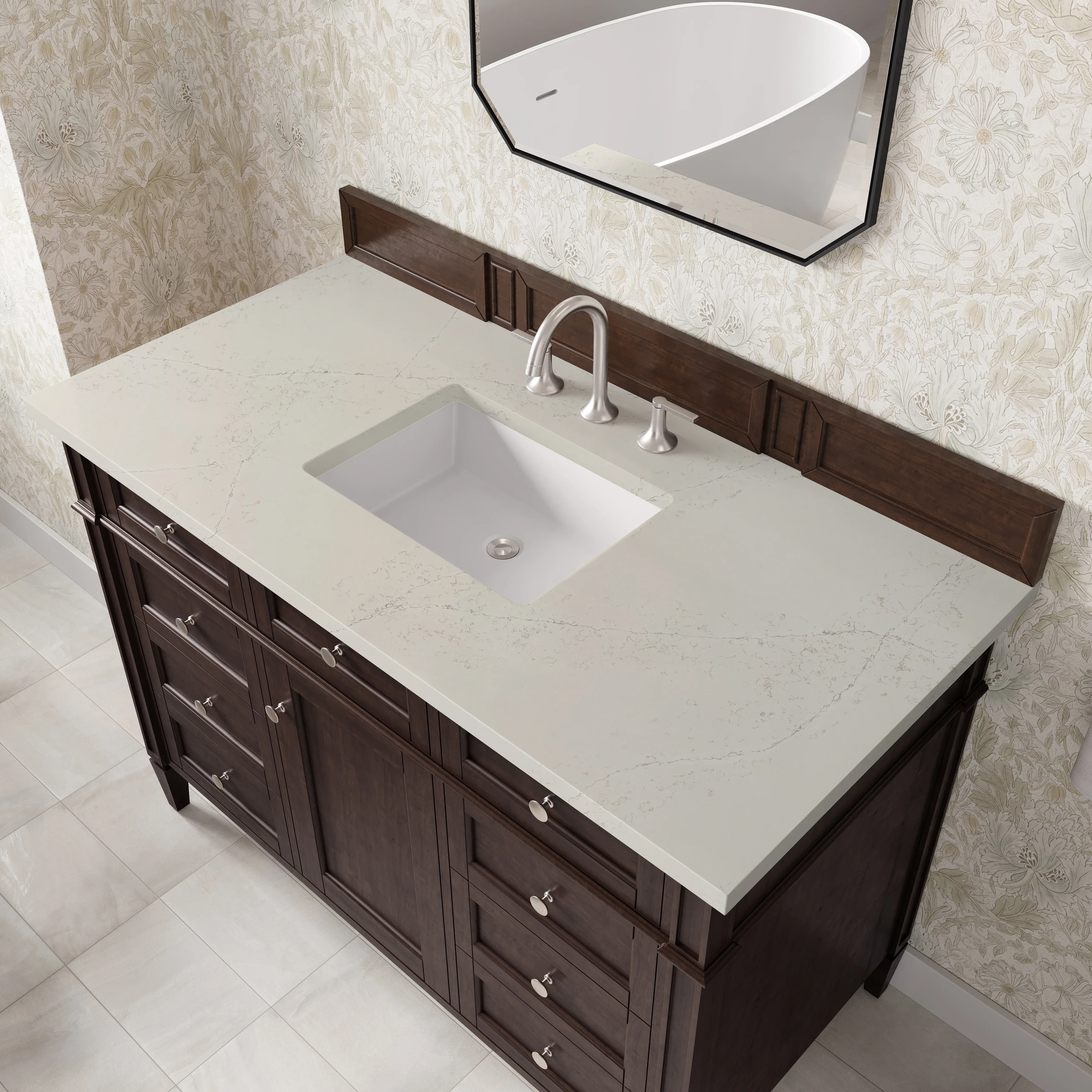 Brittany 48" Single Vanity, Burnished Mahogany, w/ 3 CM Siberian Silestone Top