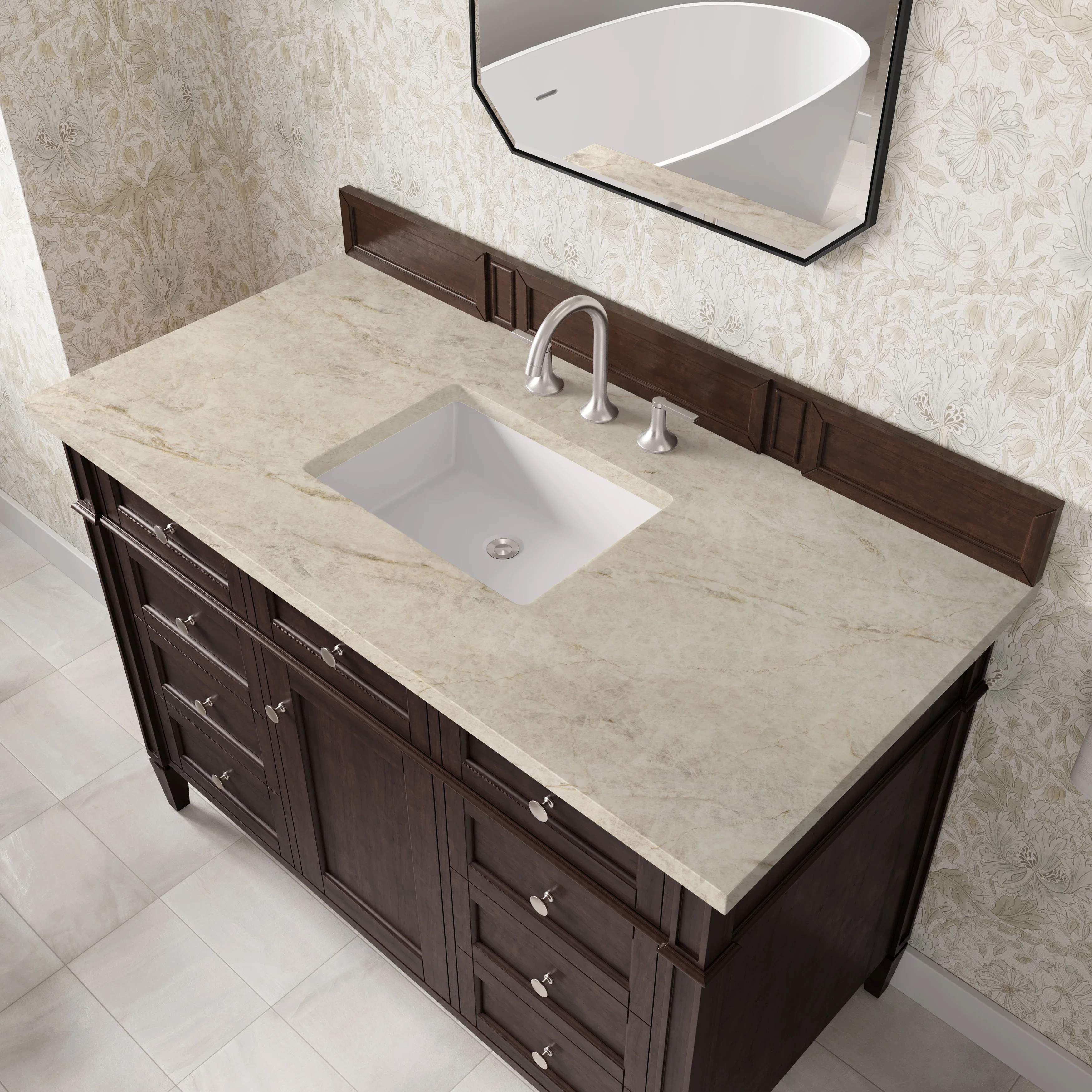 Brittany 48" Single Vanity, Burnished Mahogany, w/ 3 CM Tajnar Eclos Top