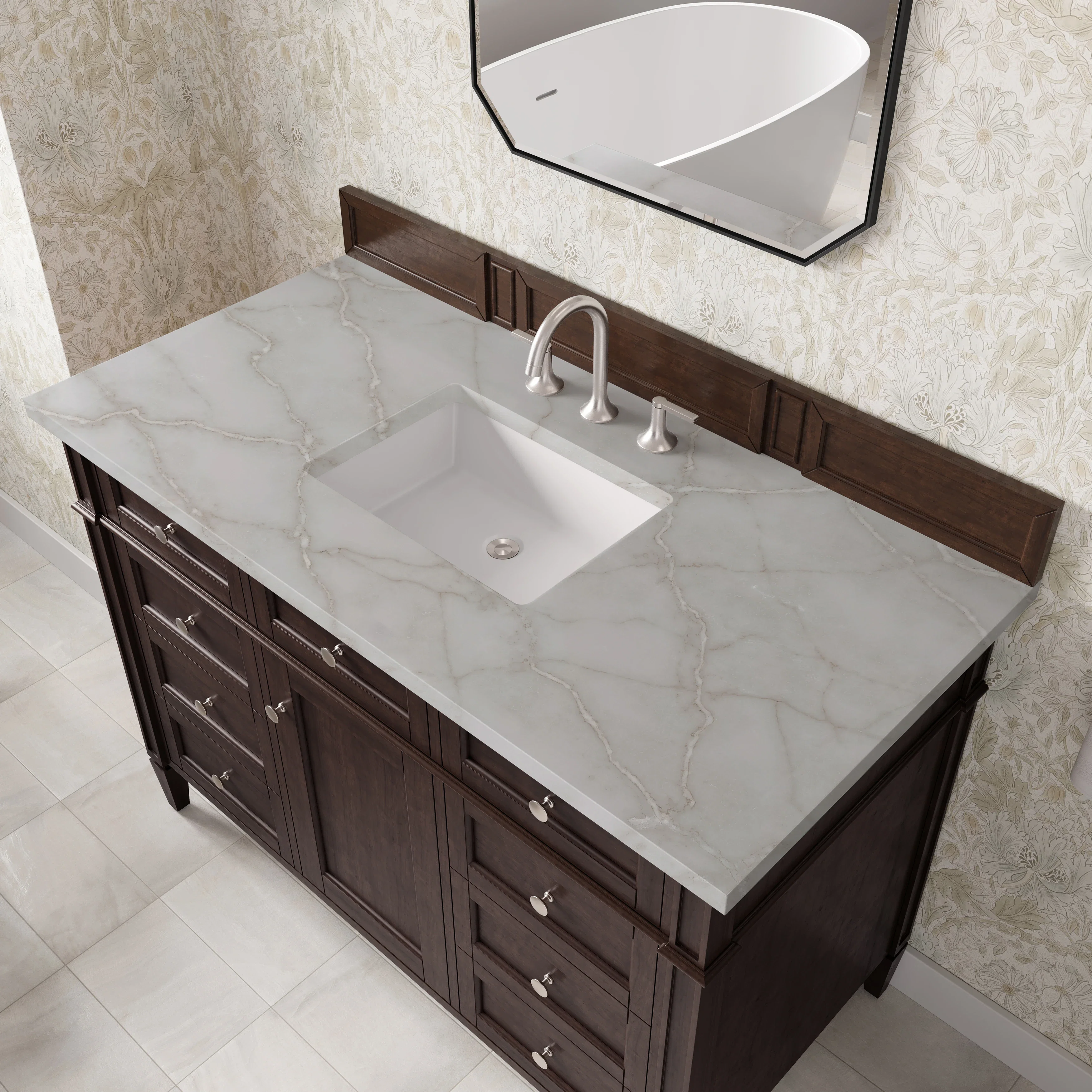 Brittany 48" Single Vanity, Burnished Mahogany w/ 3 CM Victorian Silver Silestone Top
