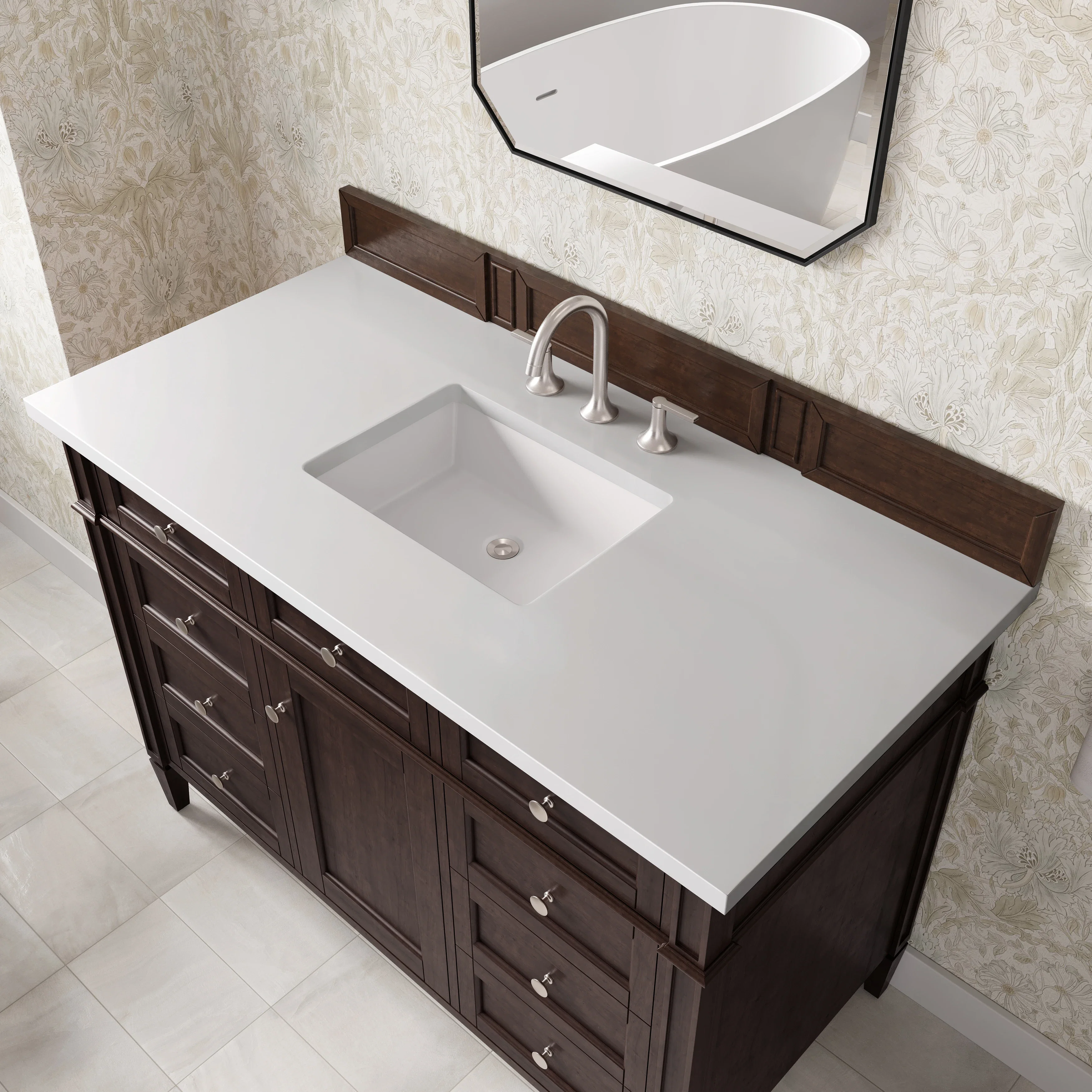 Brittany 48" Single Vanity, Burnished Mahogany w/ 3 CM White Zeus Silestone Top