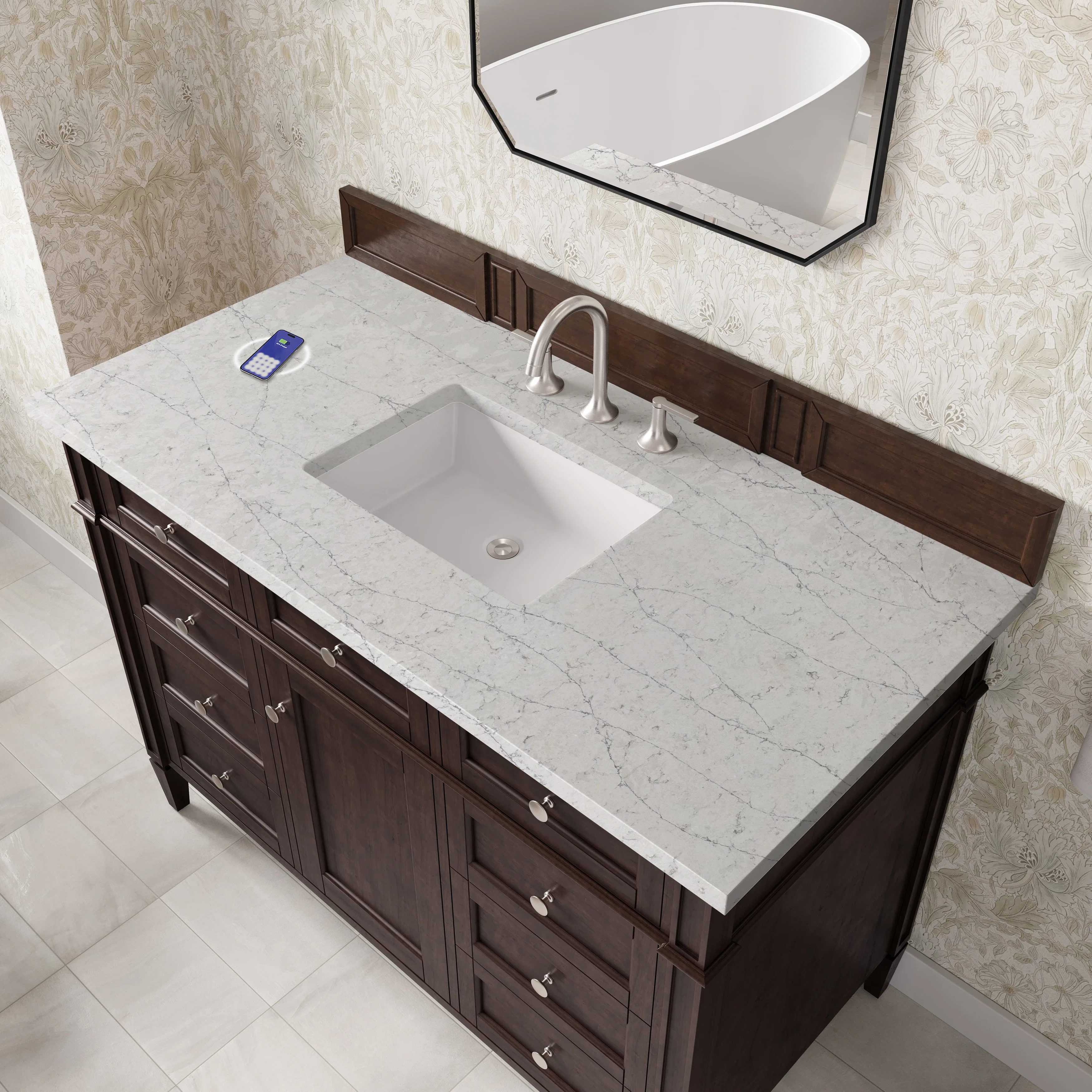 Brittany 48" Single Vanity, Burnished Mahogany w/ 3 CM Eternal Jasmine Pearl Silestone Top w/FreePower Wireless Charger
