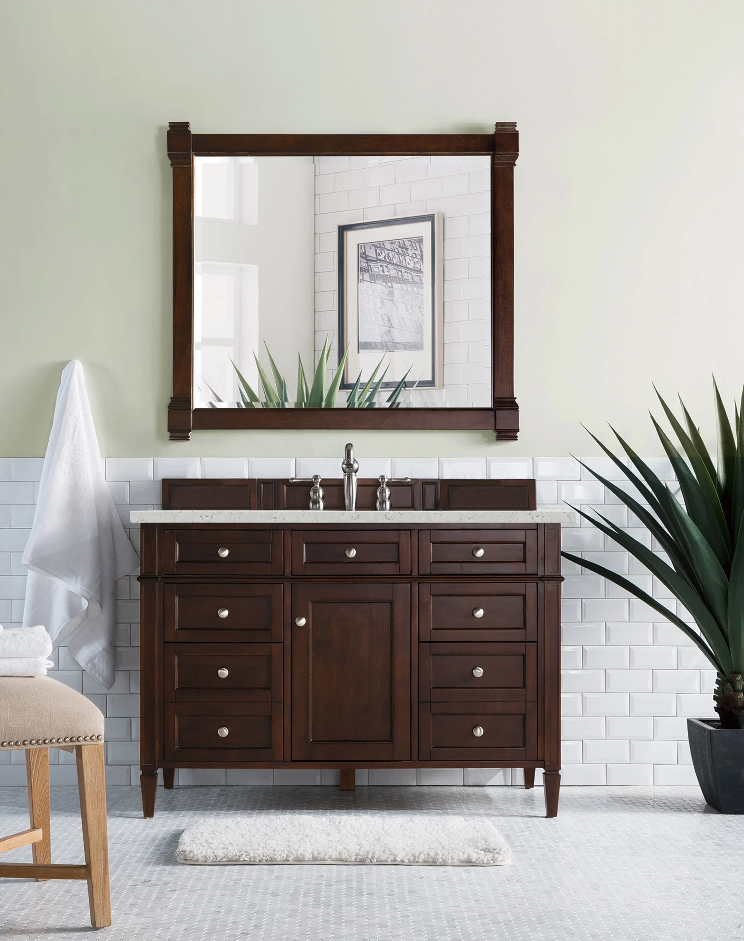 Brittany 48" Single Vanity, Burnished Mahogany w/ 3 CM Eternal Jasmine Pearl Silestone Top w/FreePower Wireless Charger