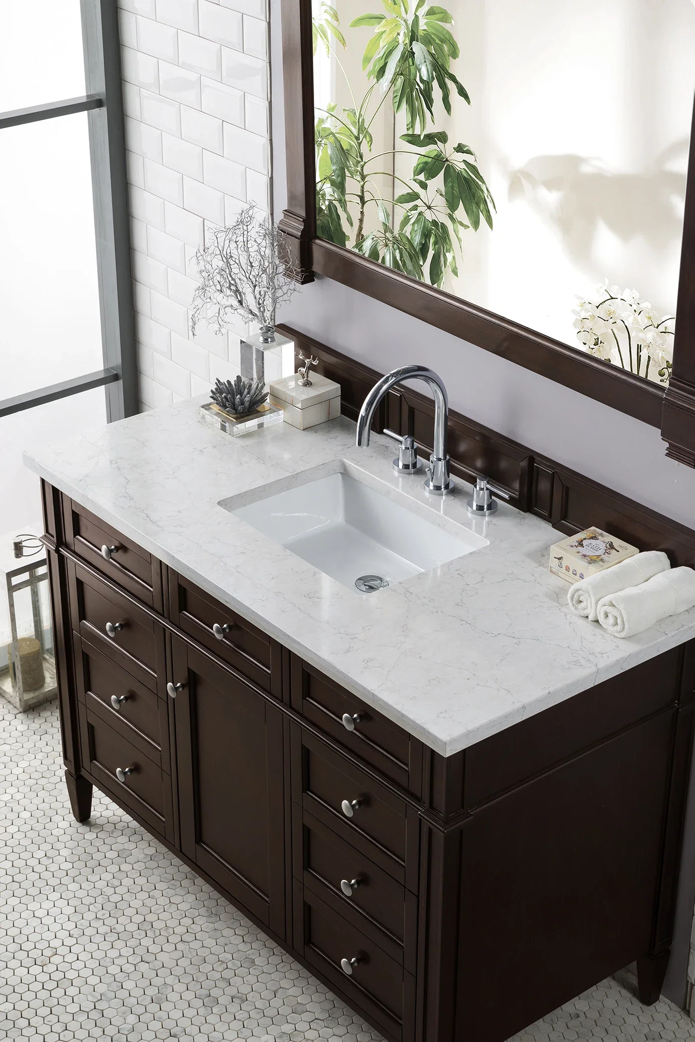Brittany 48" Single Vanity, Burnished Mahogany w/ 3 CM Eternal Jasmine Pearl Silestone Top w/FreePower Wireless Charger