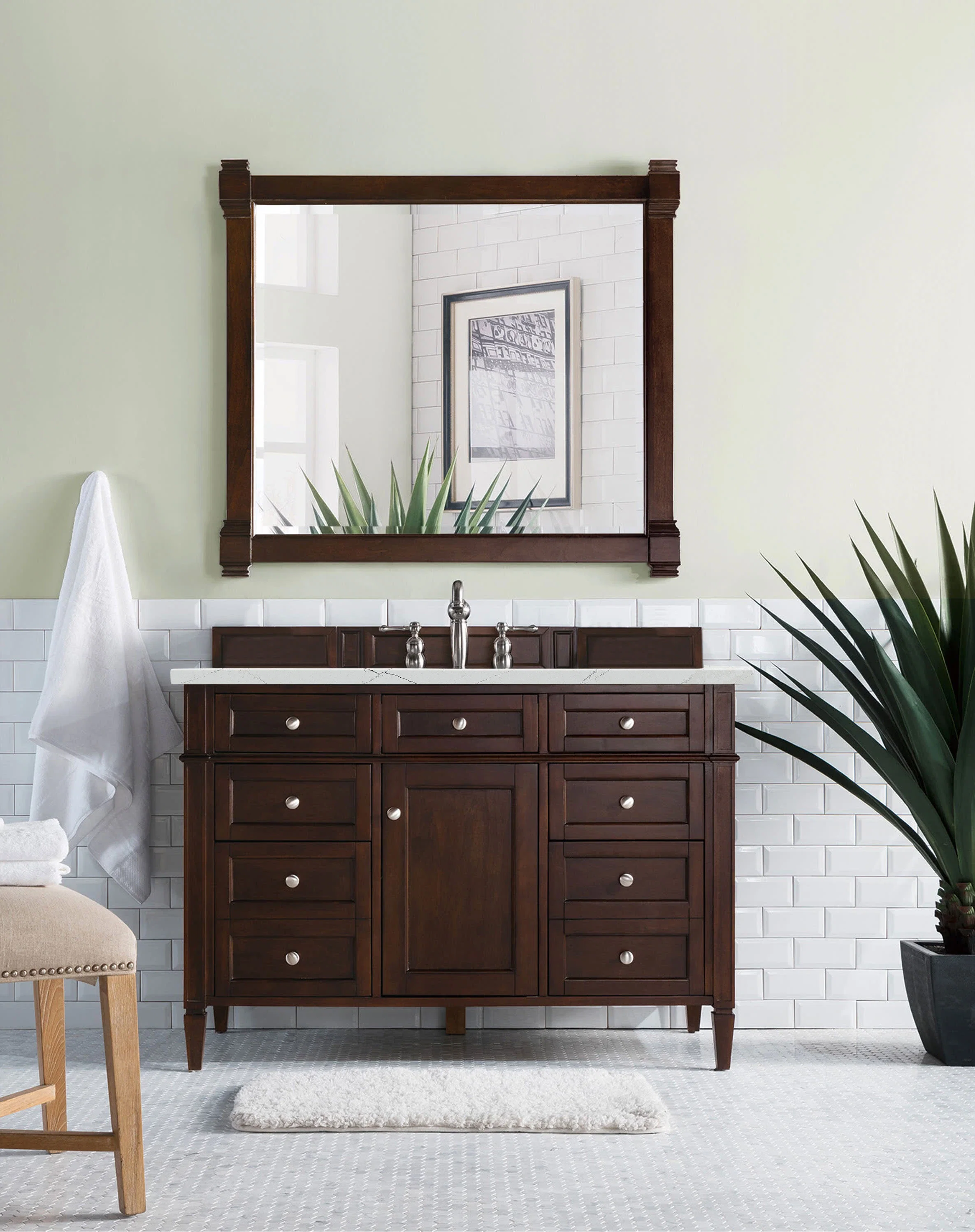 Brittany 48" Single Vanity, Burnished Mahogany w/ 3 CM Ethereal Noctis Silestone Top w/FreePower Wireless Charger