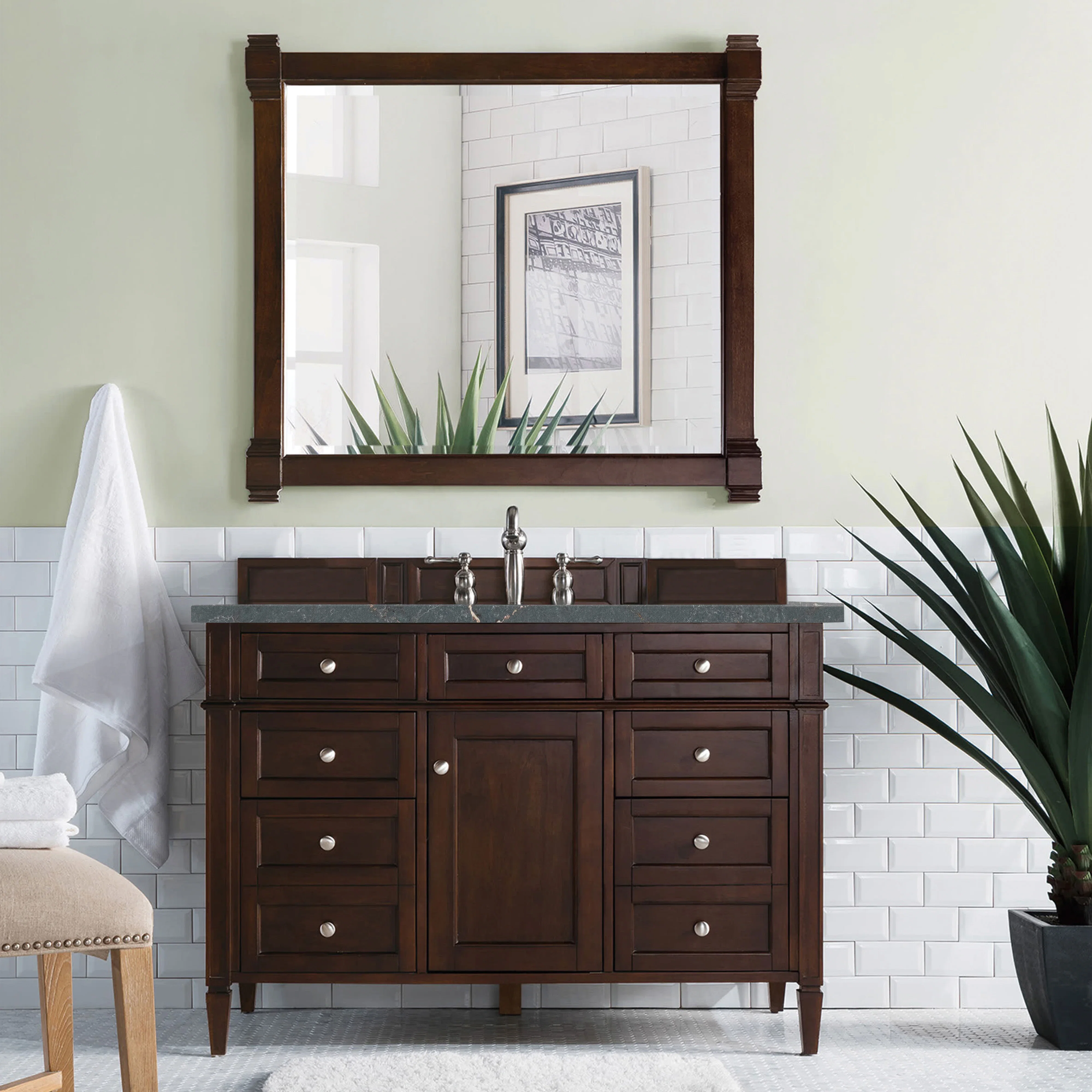 Brittany 48" Single Vanity, Burnished Mahogany w/ 3 CM Parisien Bleu Silestone Top w/FreePower Wireless Charger