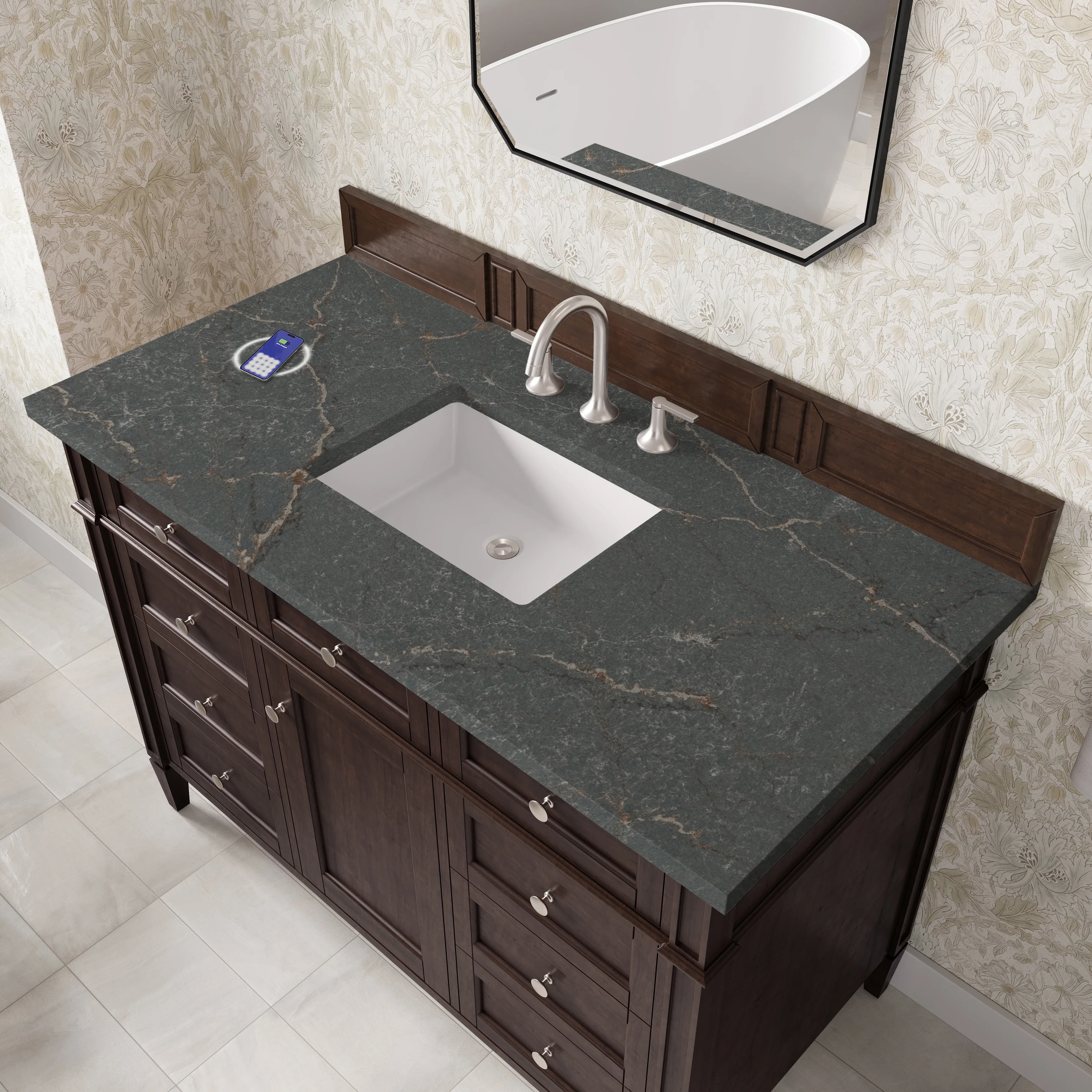 Brittany 48" Single Vanity, Burnished Mahogany w/ 3 CM Parisien Bleu Silestone Top w/FreePower Wireless Charger