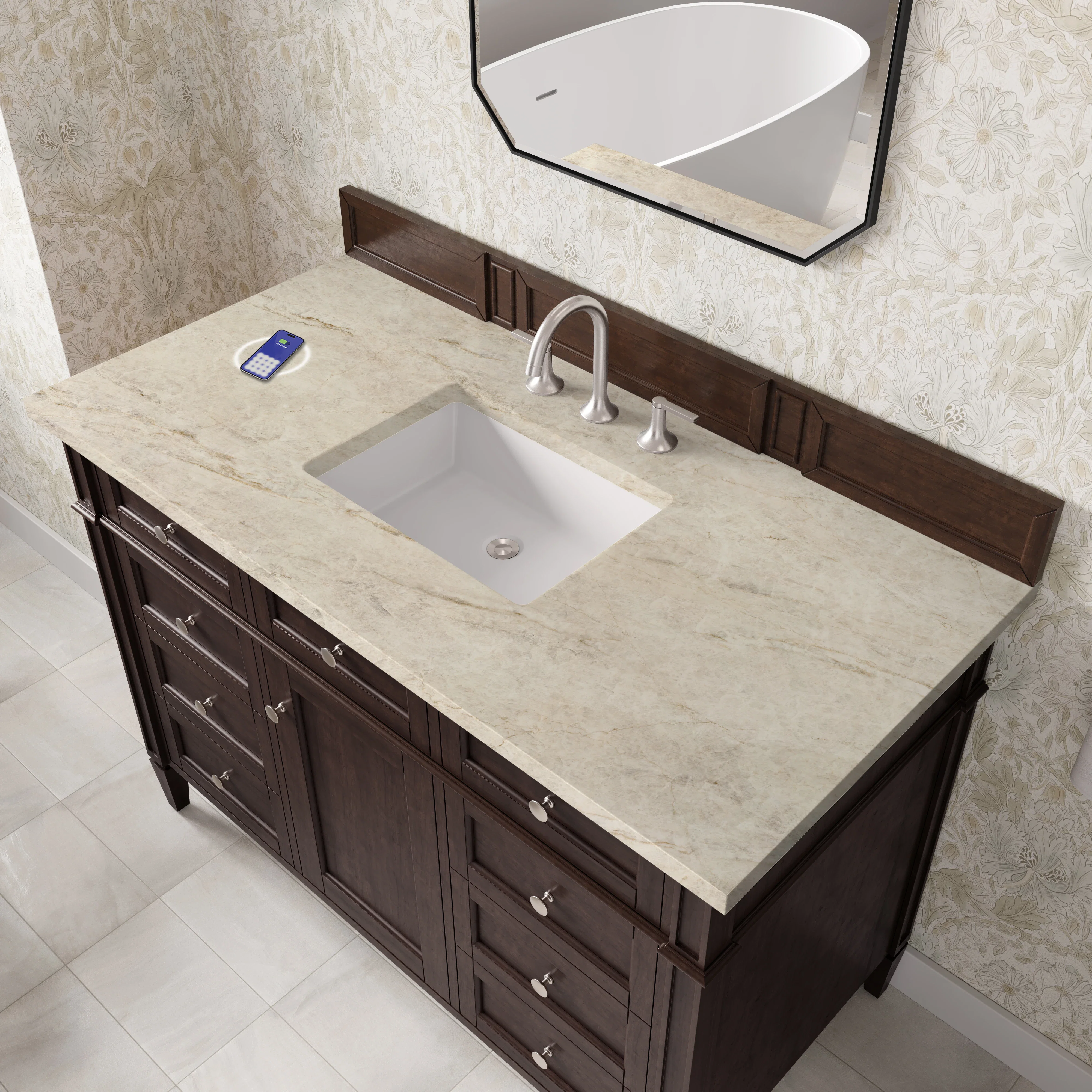 Brittany 48" Single Vanity, Burnished Mahogany, w/ 3 CM Tajnar Eclos Top w/FreePower Wireless Charger