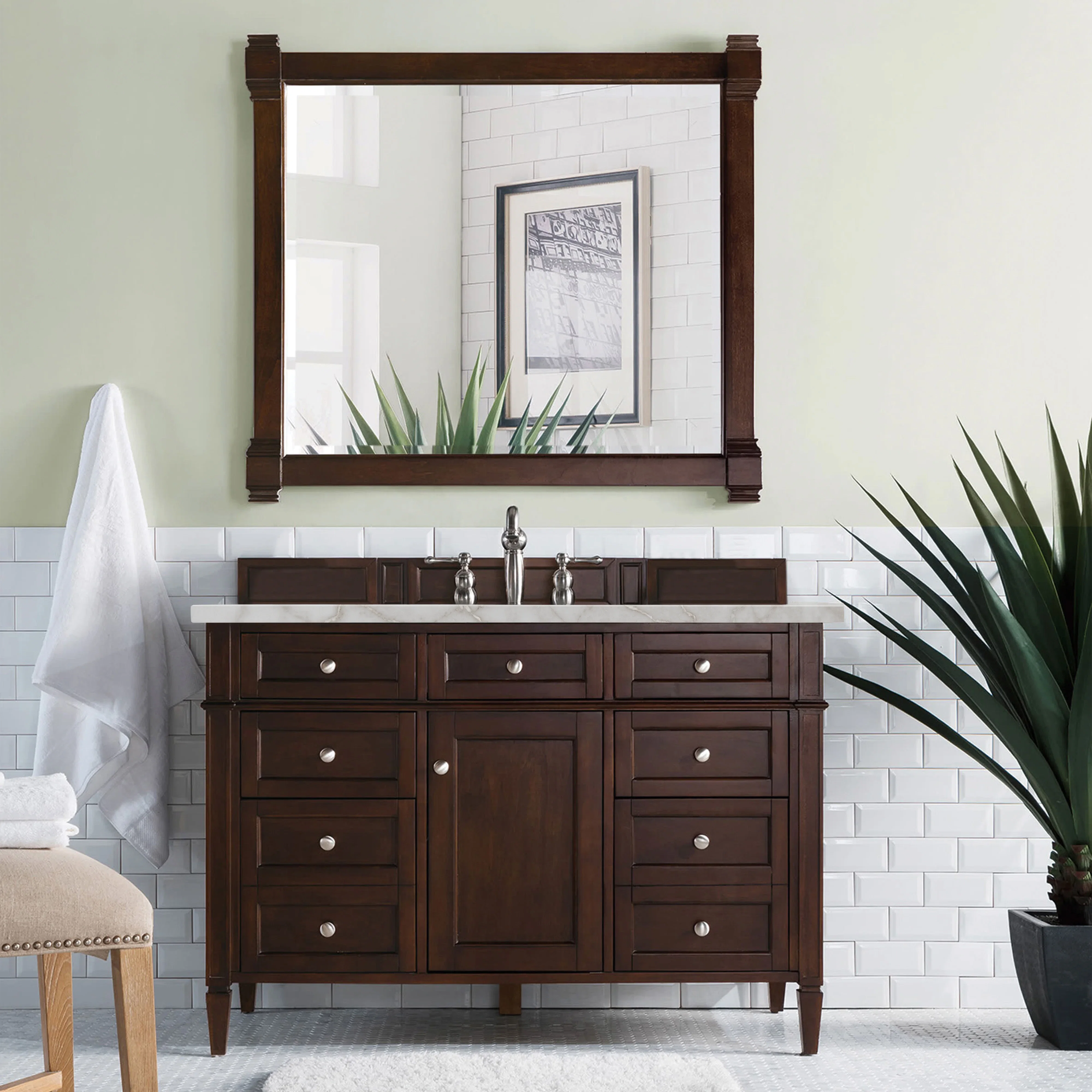 Brittany 48" Single Vanity, Burnished Mahogany w/ 3 CM Victorian Silver Silestone Top w/FreePower Wireless Charger