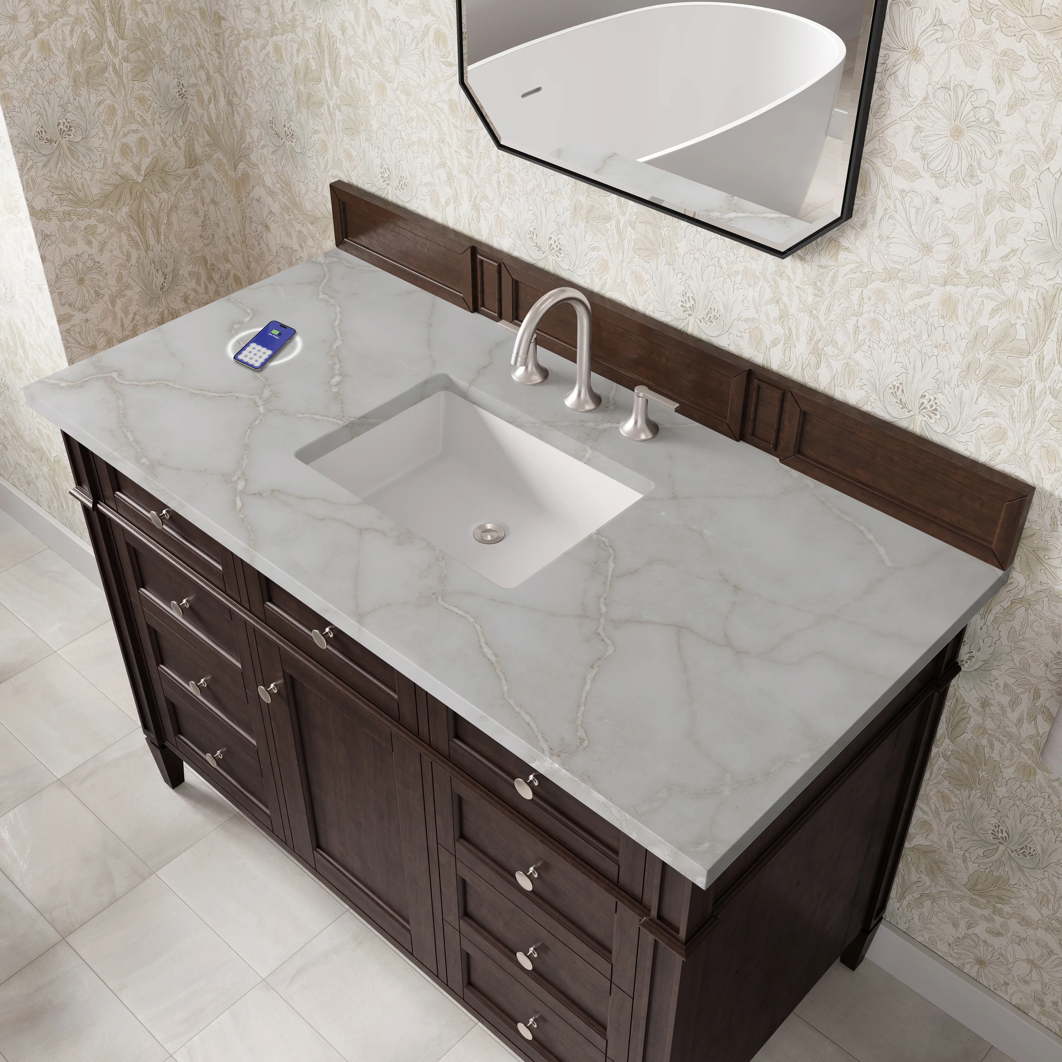 Brittany 48" Single Vanity, Burnished Mahogany w/ 3 CM Victorian Silver Silestone Top w/FreePower Wireless Charger