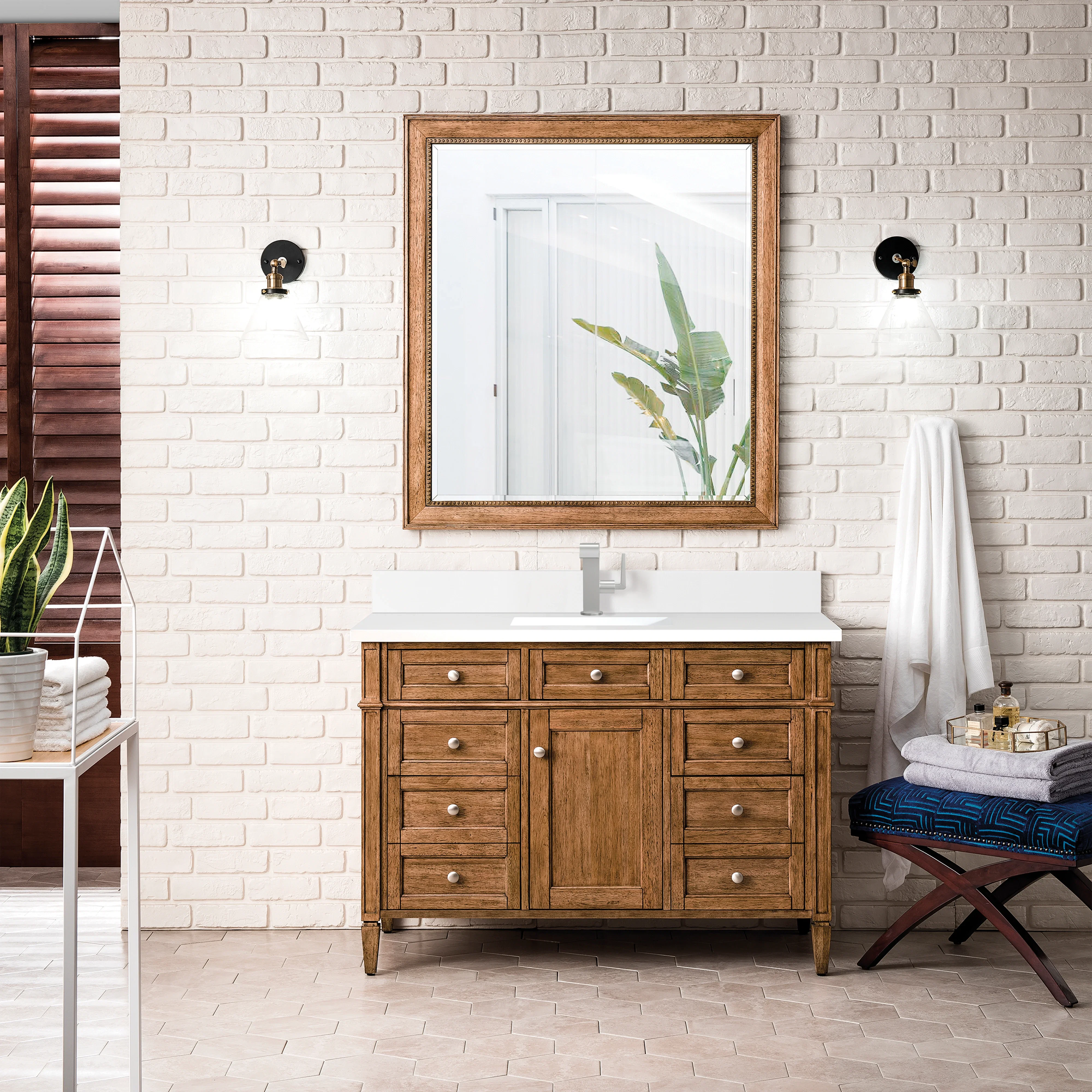 Brittany 48" Single Vanity, Saddle Brown w/ Single Hole 3 CM White Zeus Silestone Top & Backsplash