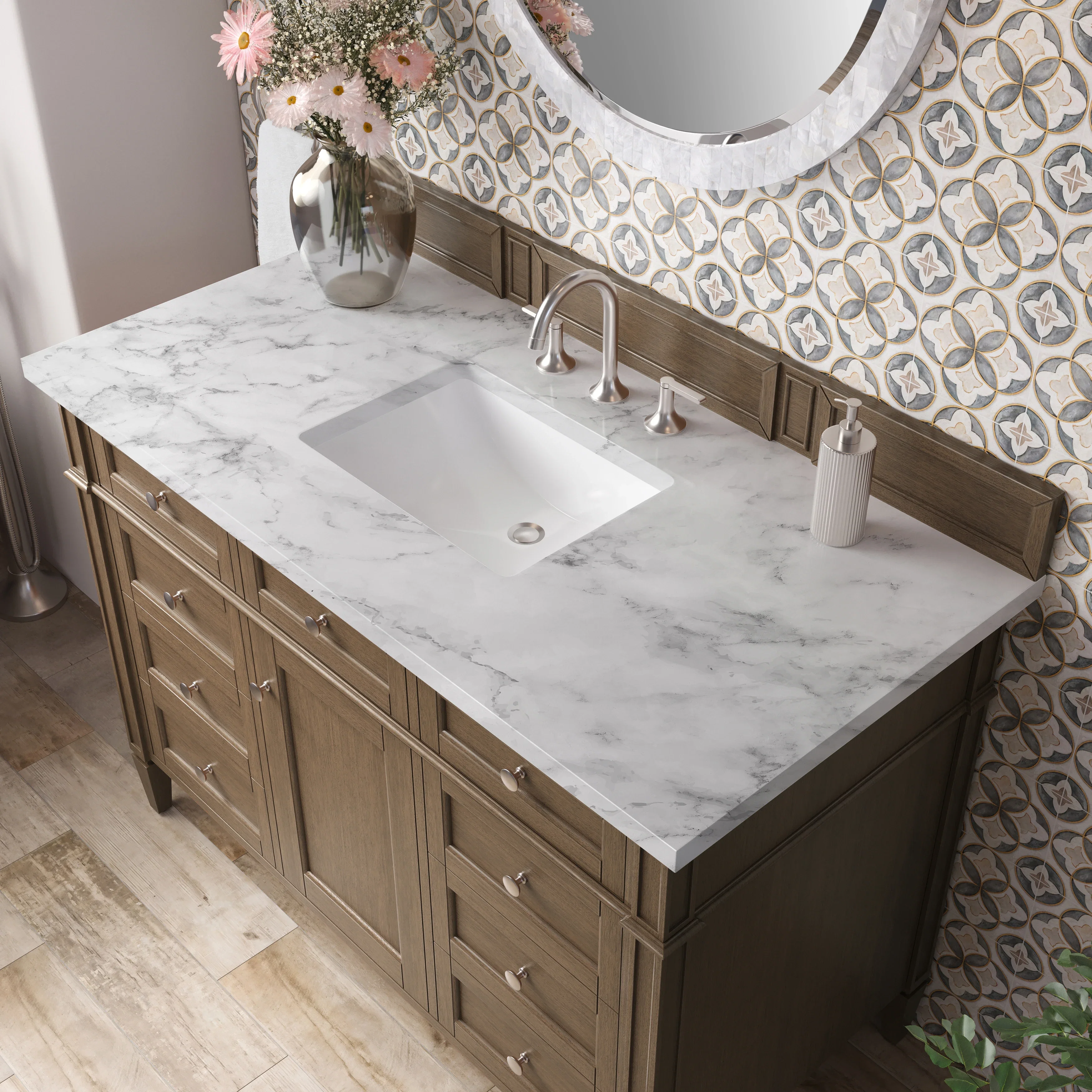 Brittany 48" Single Vanity, Saddle Brown w/ 3 CM Carrara Marble Top