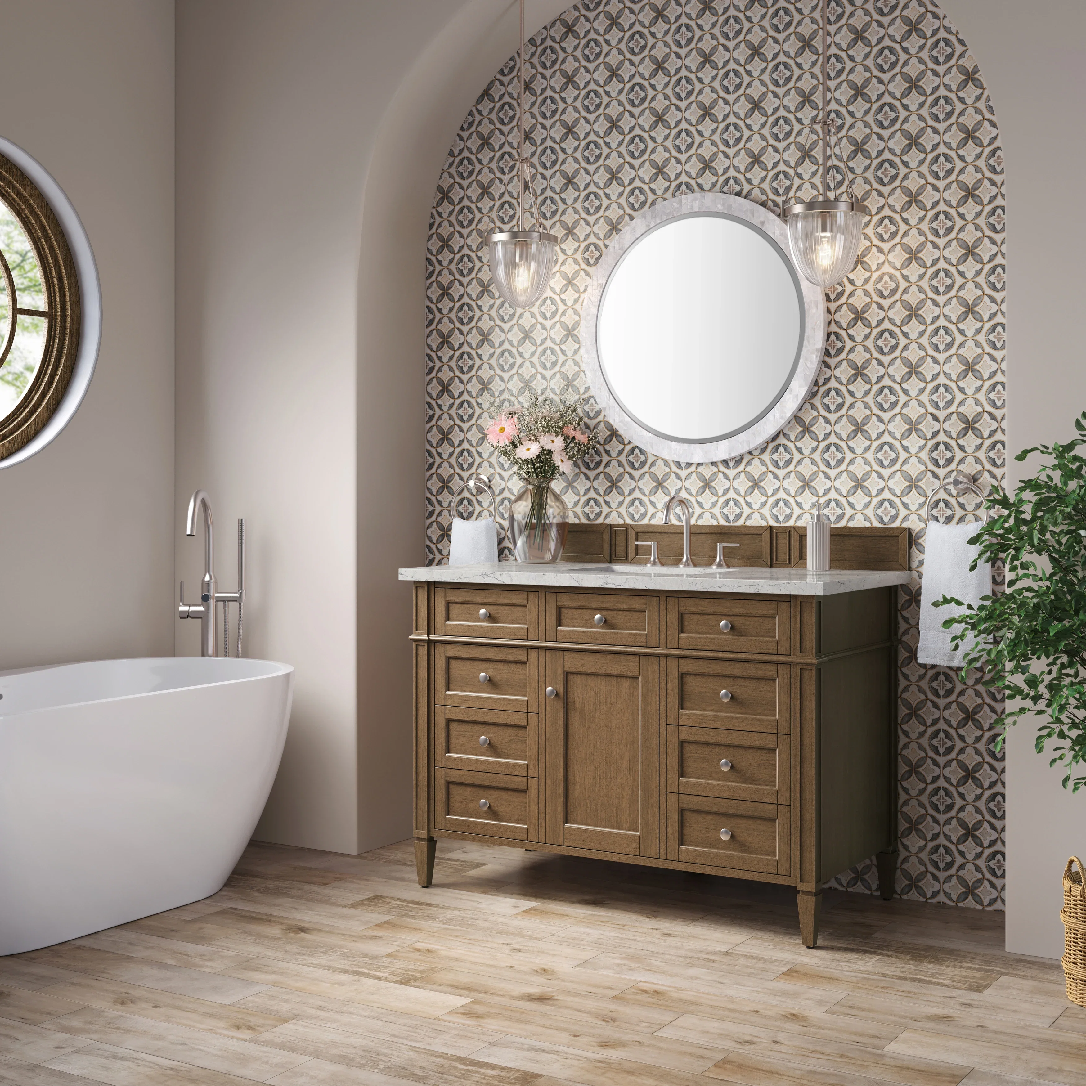 Brittany 48" Single Vanity, Saddle Brown w/ 3 CM Eternal Jasmine Pearl Silestone Top