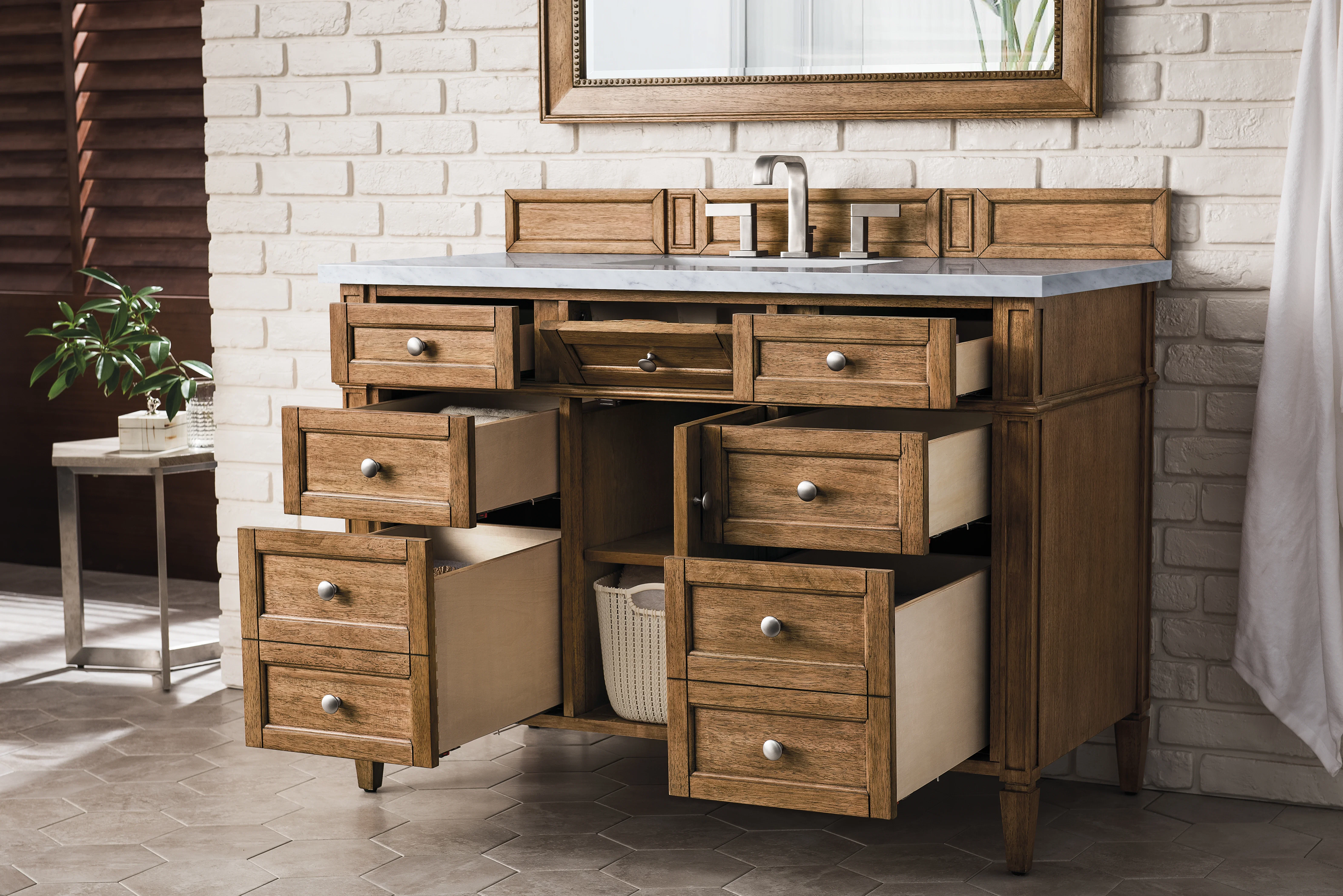 Brittany 48" Single Vanity, Saddle Brown w/ 3 CM Eternal Jasmine Pearl Silestone Top