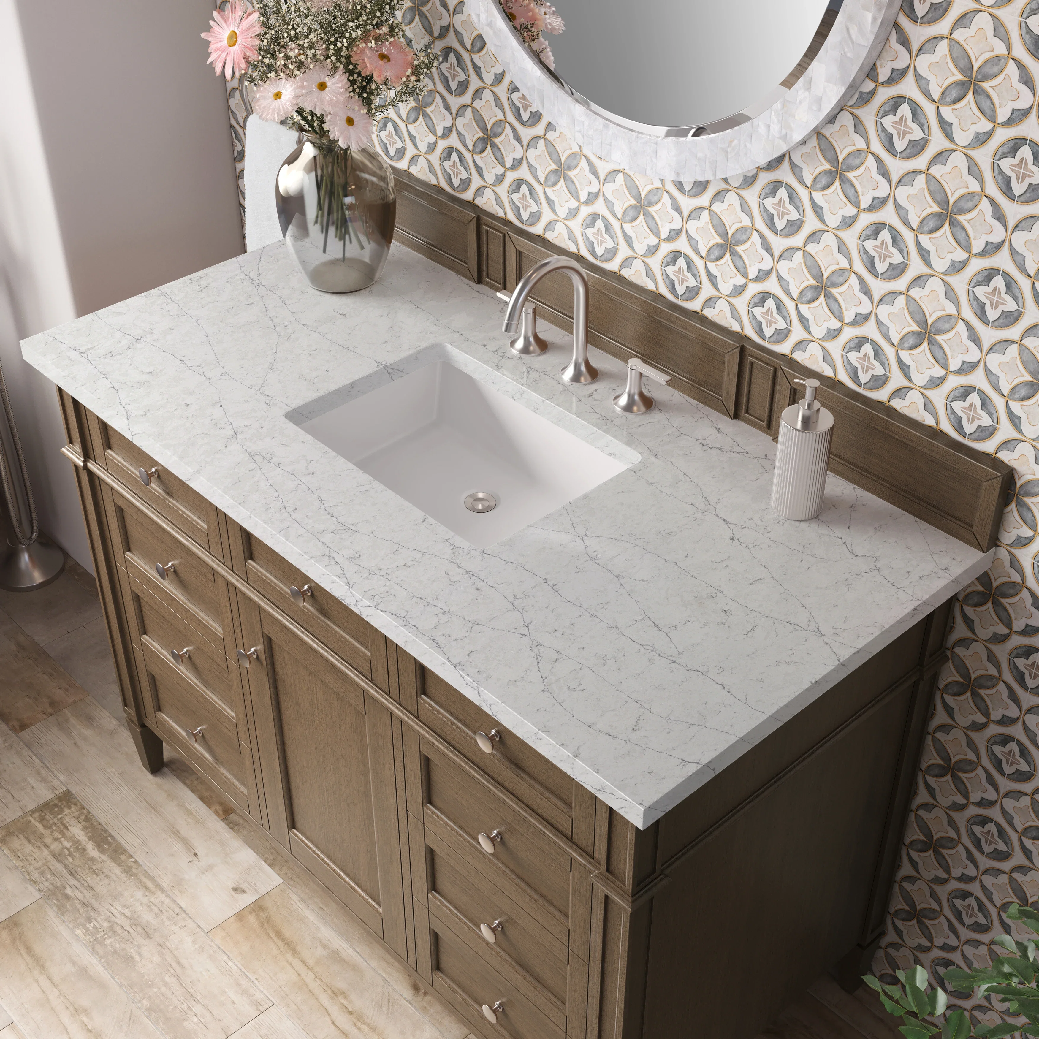Brittany 48" Single Vanity, Saddle Brown w/ 3 CM Eternal Jasmine Pearl Silestone Top