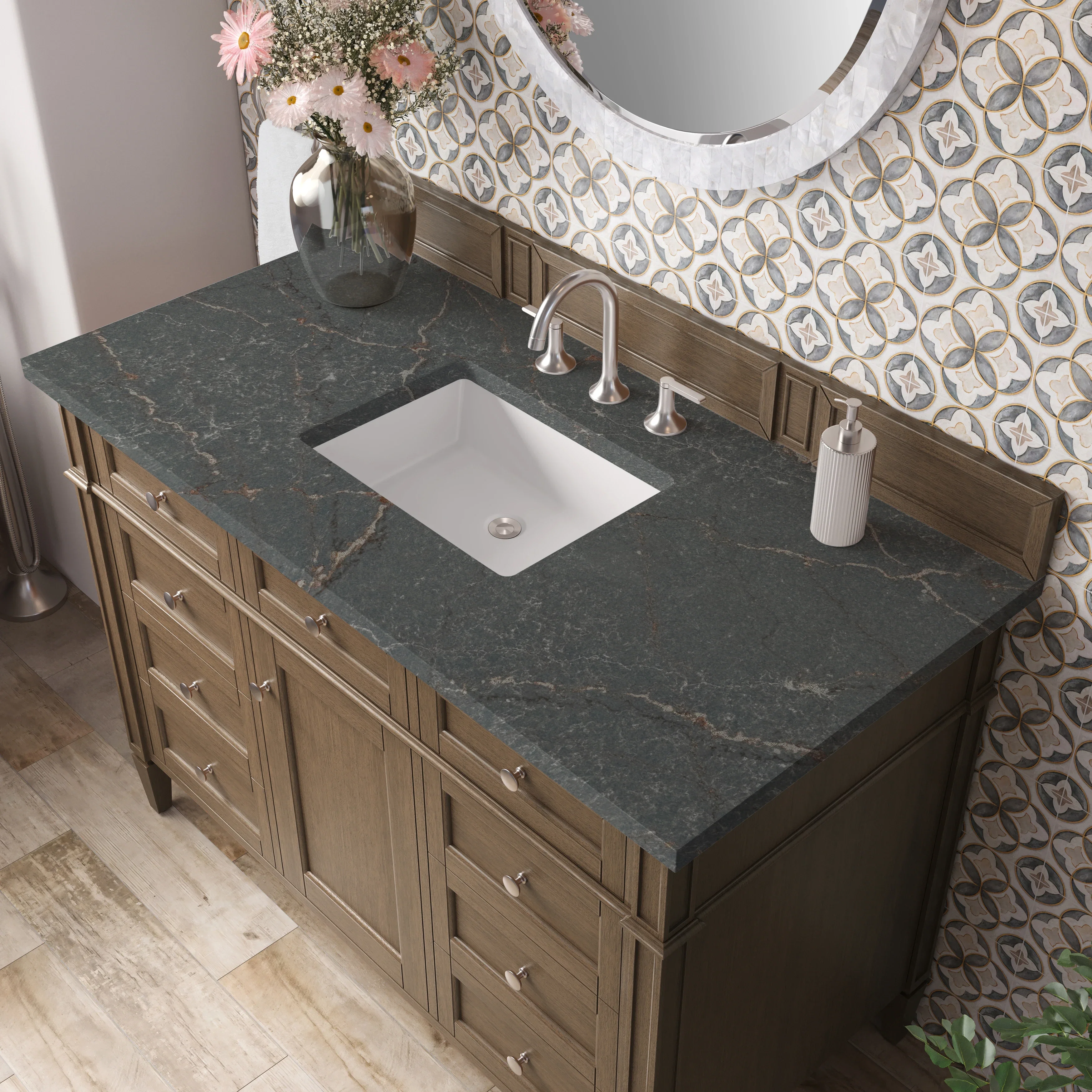 Brittany 48" Single Vanity, Saddle Brown w/ 3 CM Parisien Bleu Silestone Top