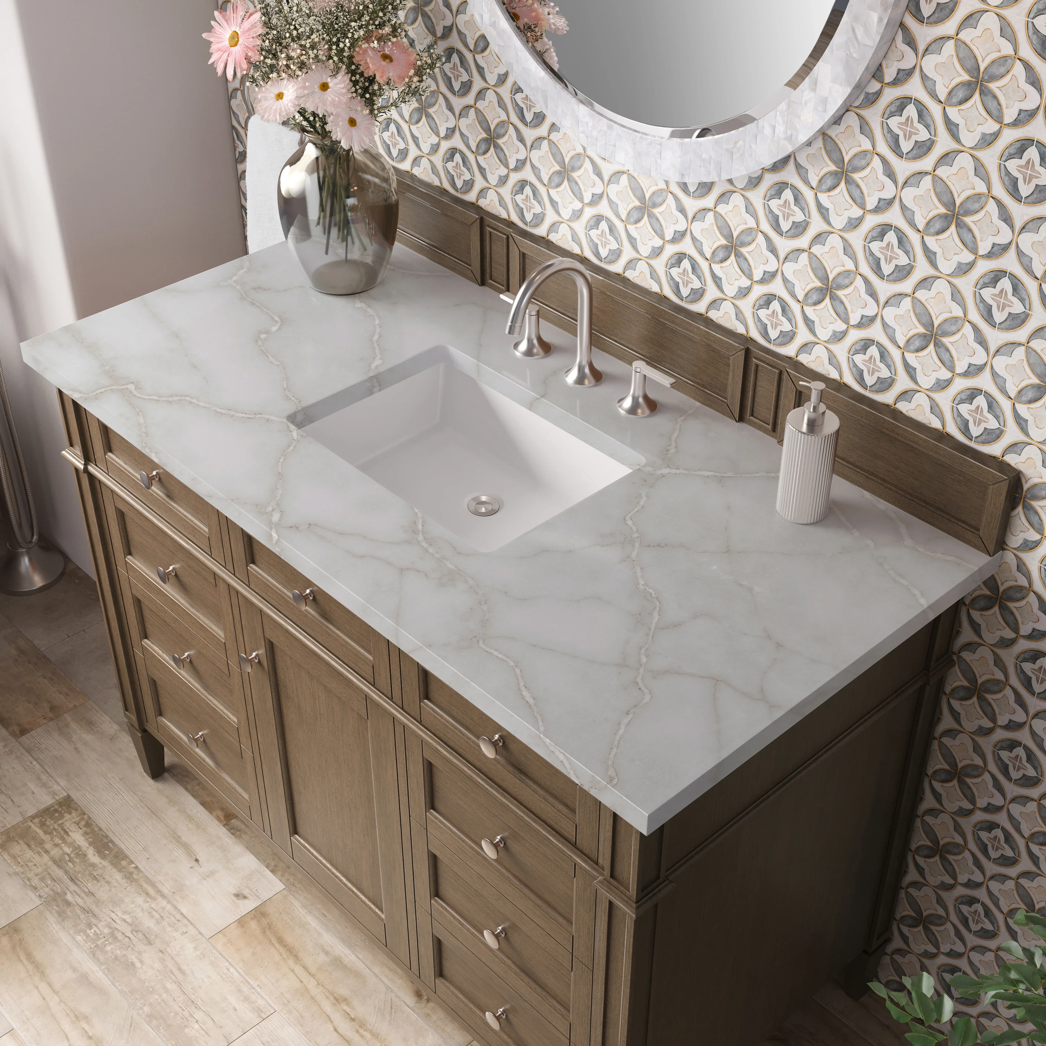 Brittany 48" Single Vanity, Saddle Brown w/ 3 CM Victorian Silver Silestone Top
