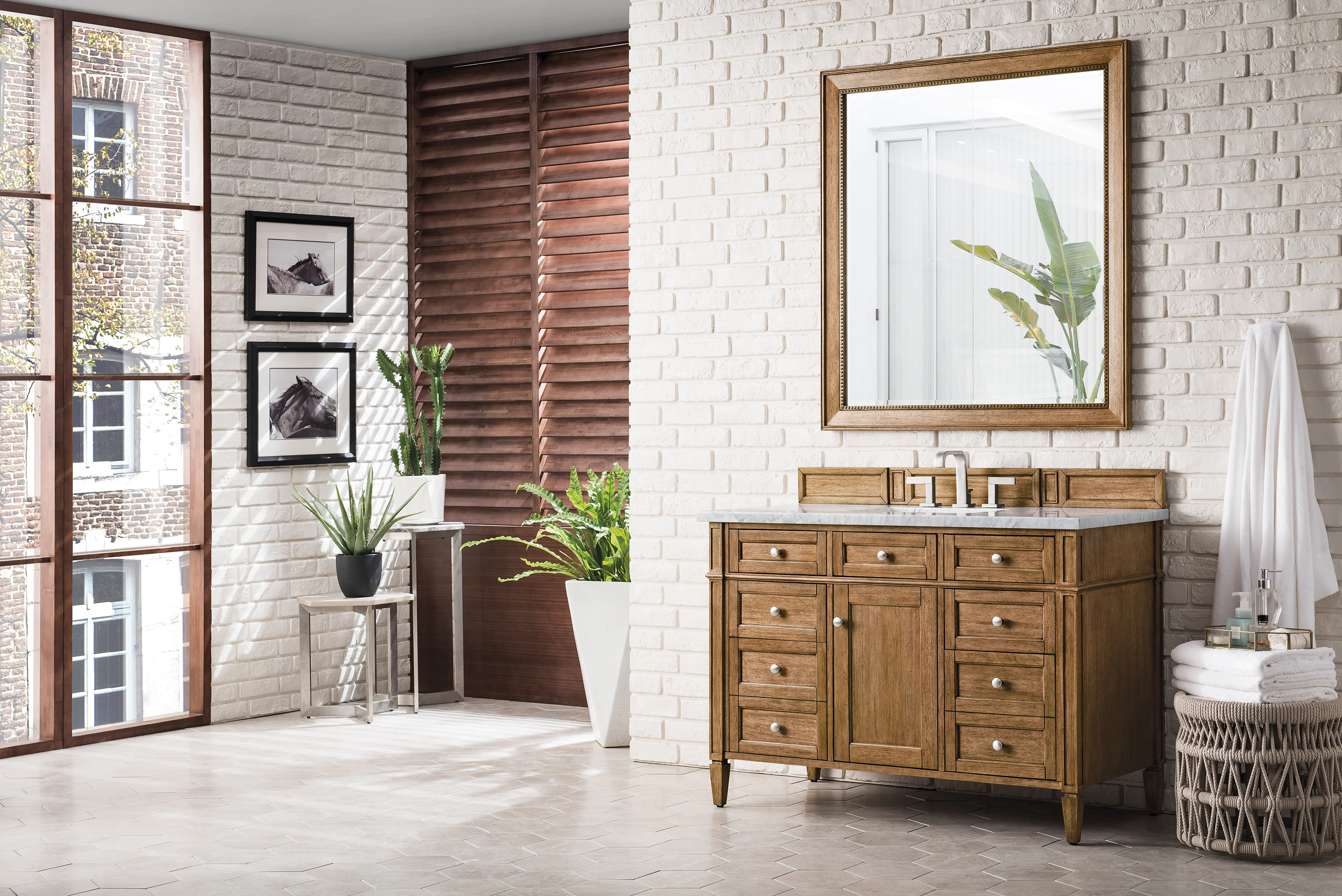 Brittany 48" Single Vanity, Saddle Brown w/ 3 CM Eternal Jasmine Pearl Silestone Top w/FreePower Wireless Charger