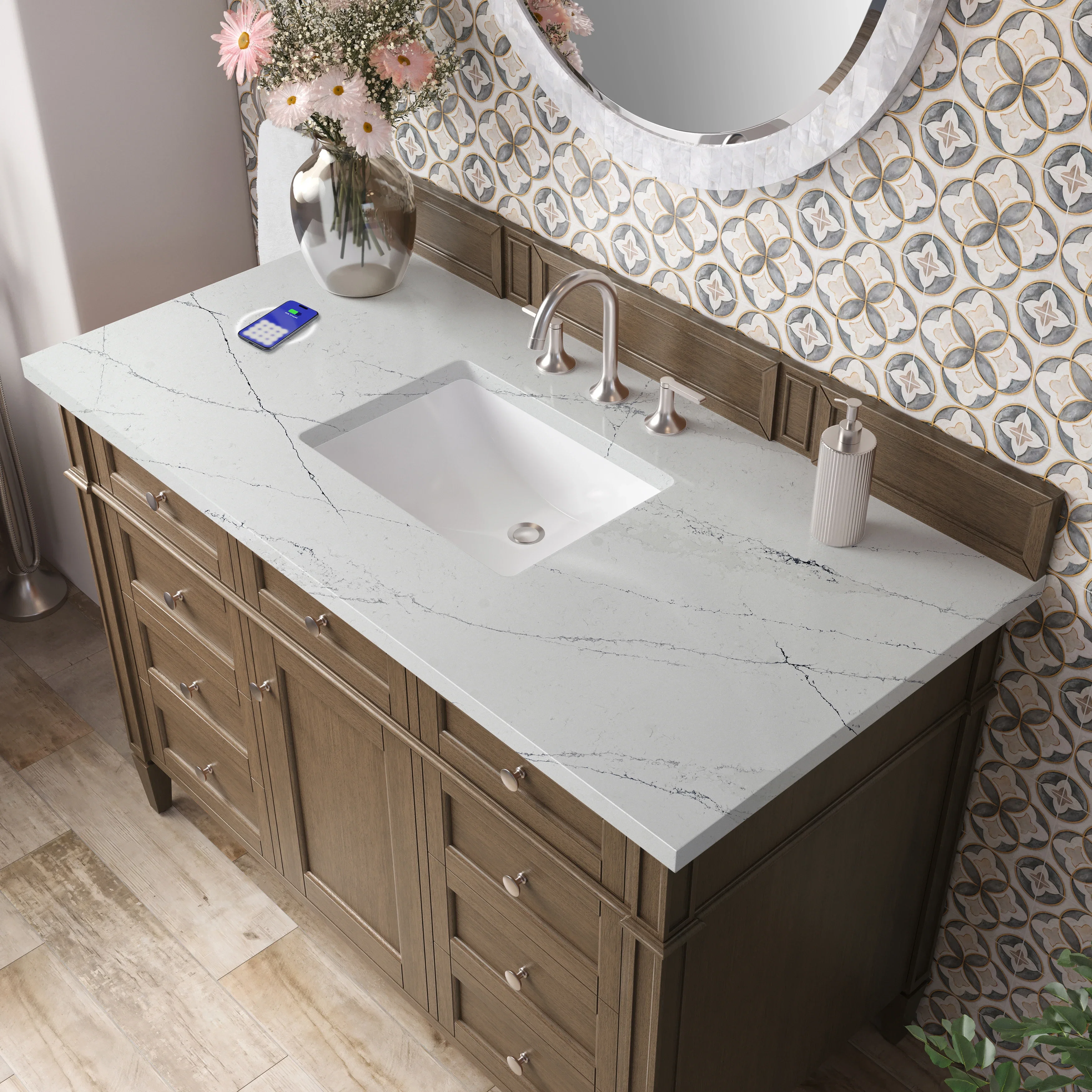 Brittany 48" Single Vanity, Saddle Brown w/ 3 CM Ethereal Noctis Silestone Top w/FreePower Wireless Charger