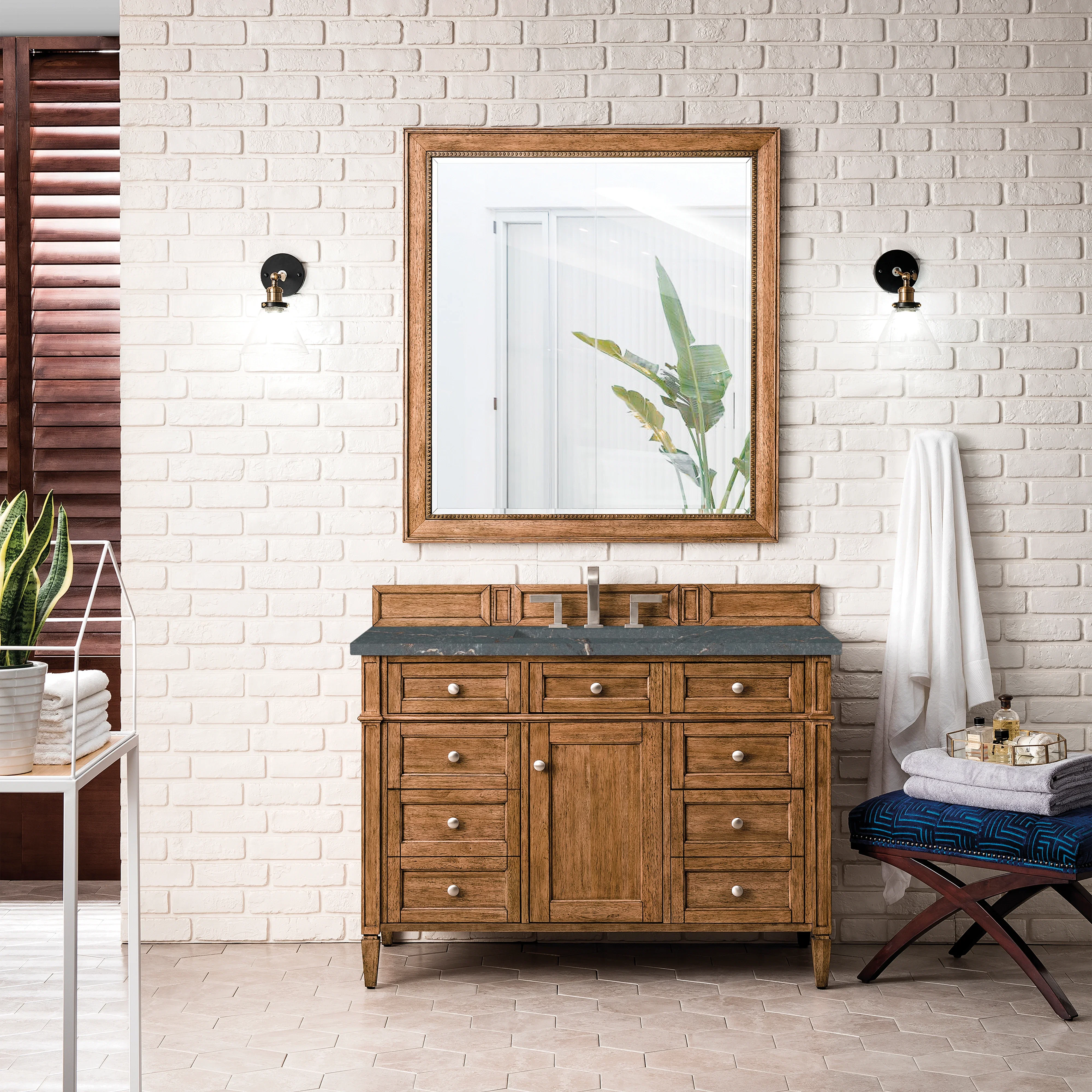 Brittany 48" Single Vanity, Saddle Brown w/ 3 CM Parisien Bleu Silestone Top w/FreePower Wireless Charger