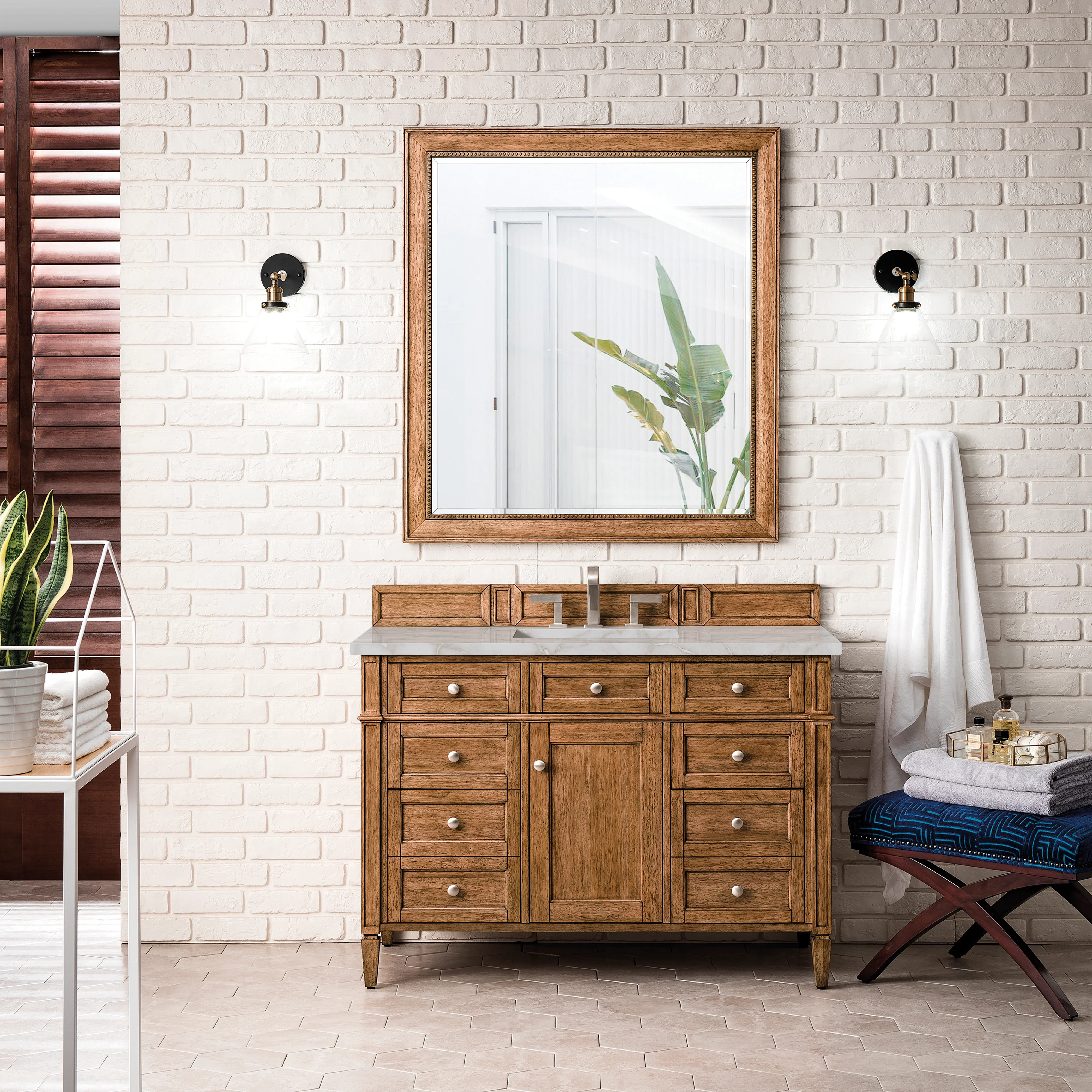 Brittany 48" Single Vanity, Saddle Brown w/ 3 CM Victorian Silver Silestone Top w/FreePower Wireless Charger
