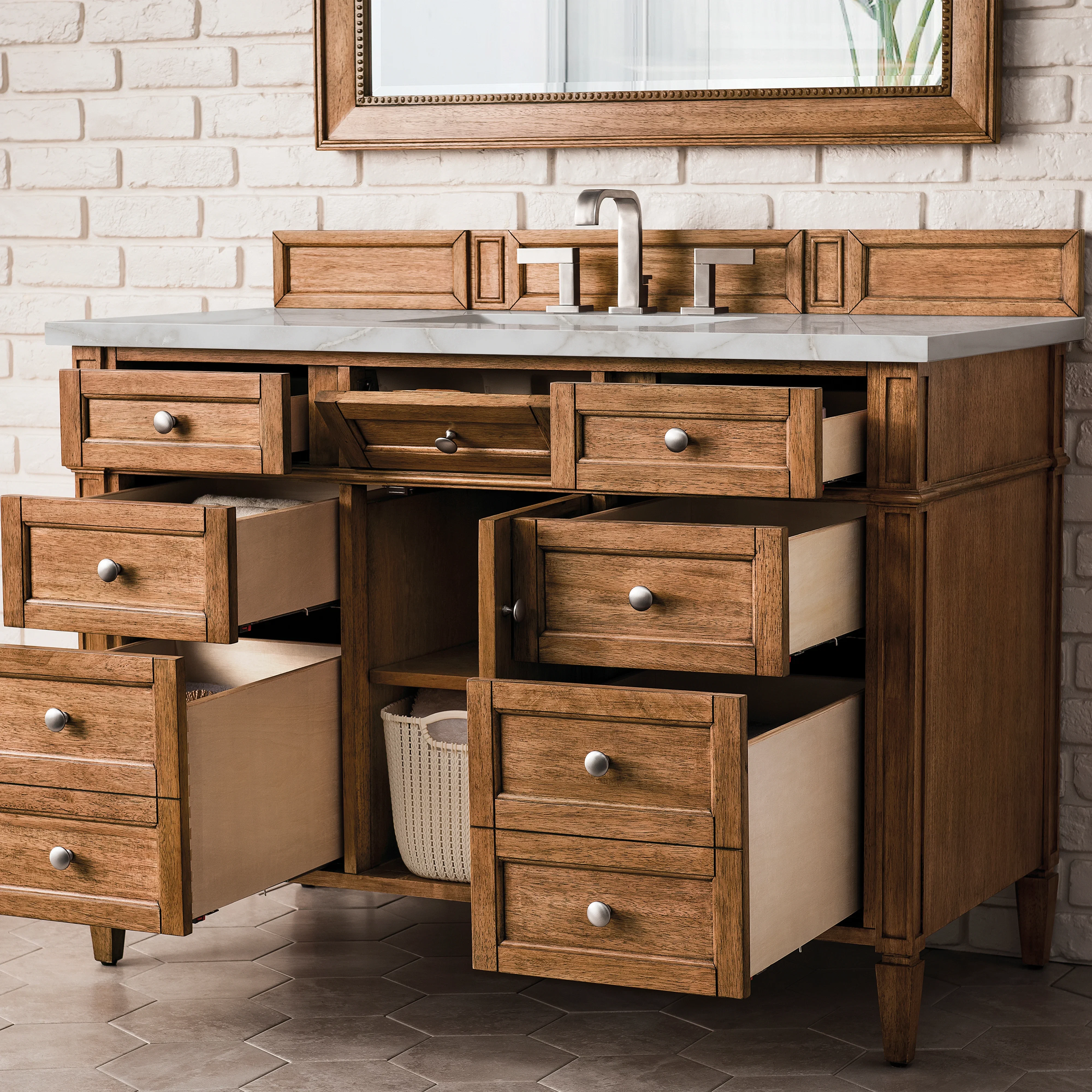 Brittany 48" Single Vanity, Saddle Brown w/ 3 CM Victorian Silver Silestone Top w/FreePower Wireless Charger
