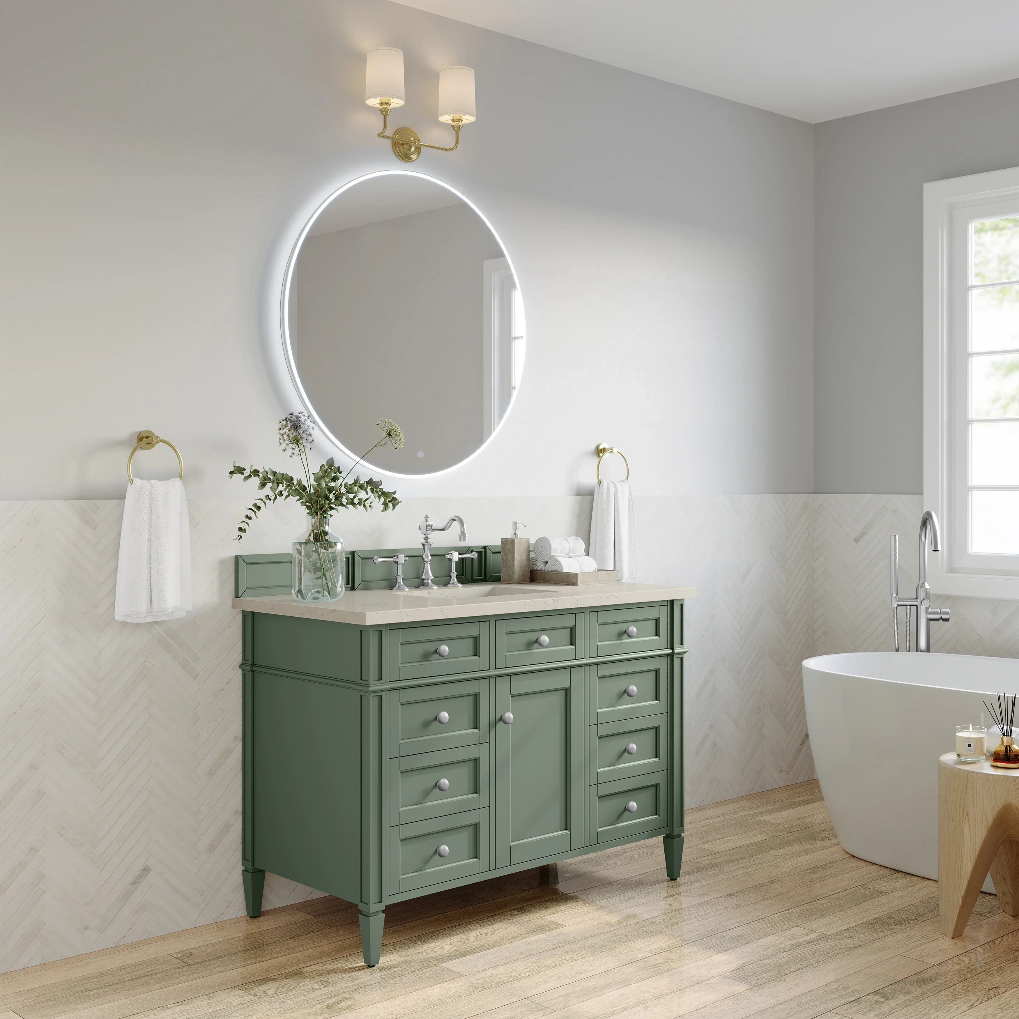 Brittany 48" Single Vanity, Smokey Celadon, w/ 3 CM Siberian Silestone Top w/FreePower Wireless Charger
