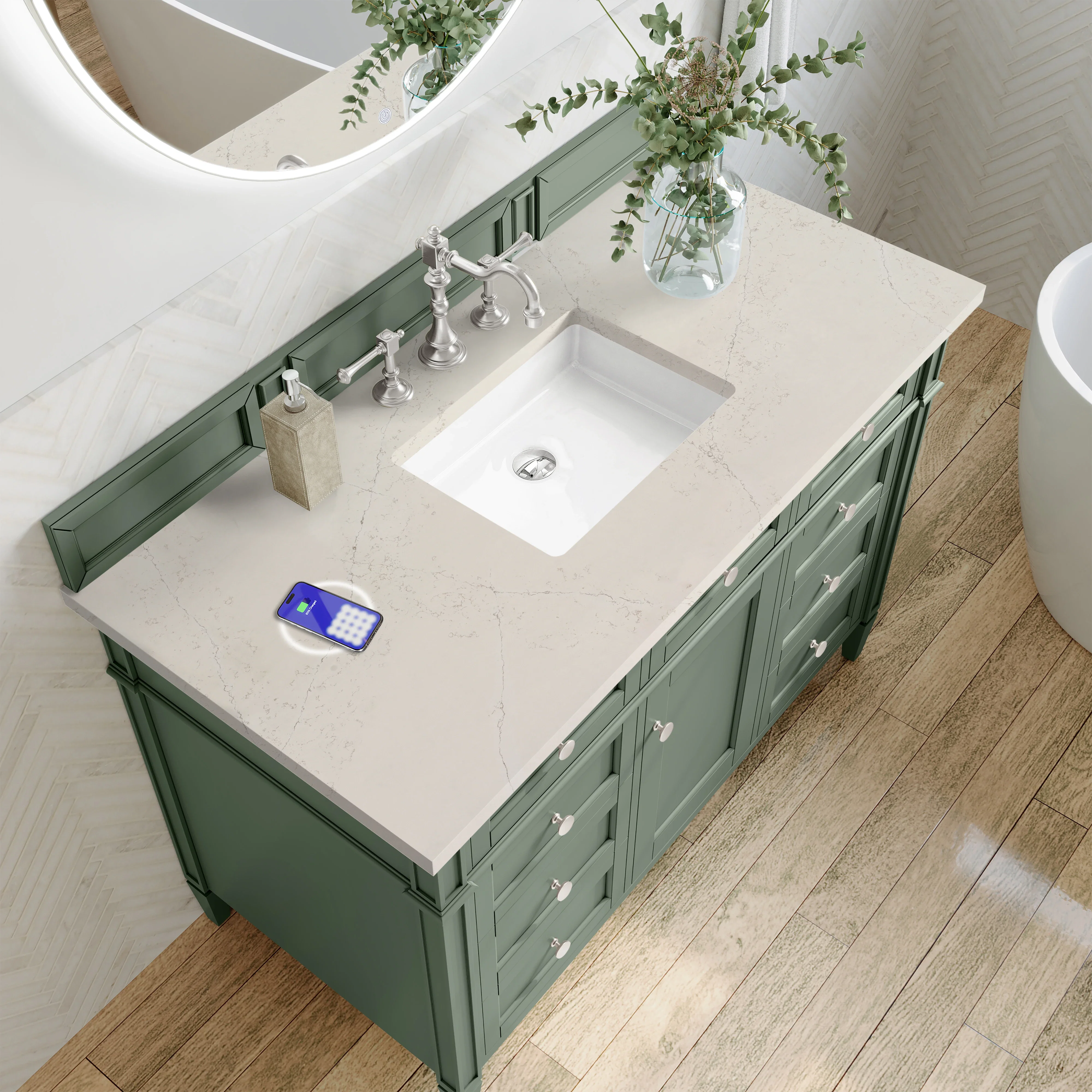 Brittany 48" Single Vanity, Smokey Celadon, w/ 3 CM Siberian Silestone Top w/FreePower Wireless Charger