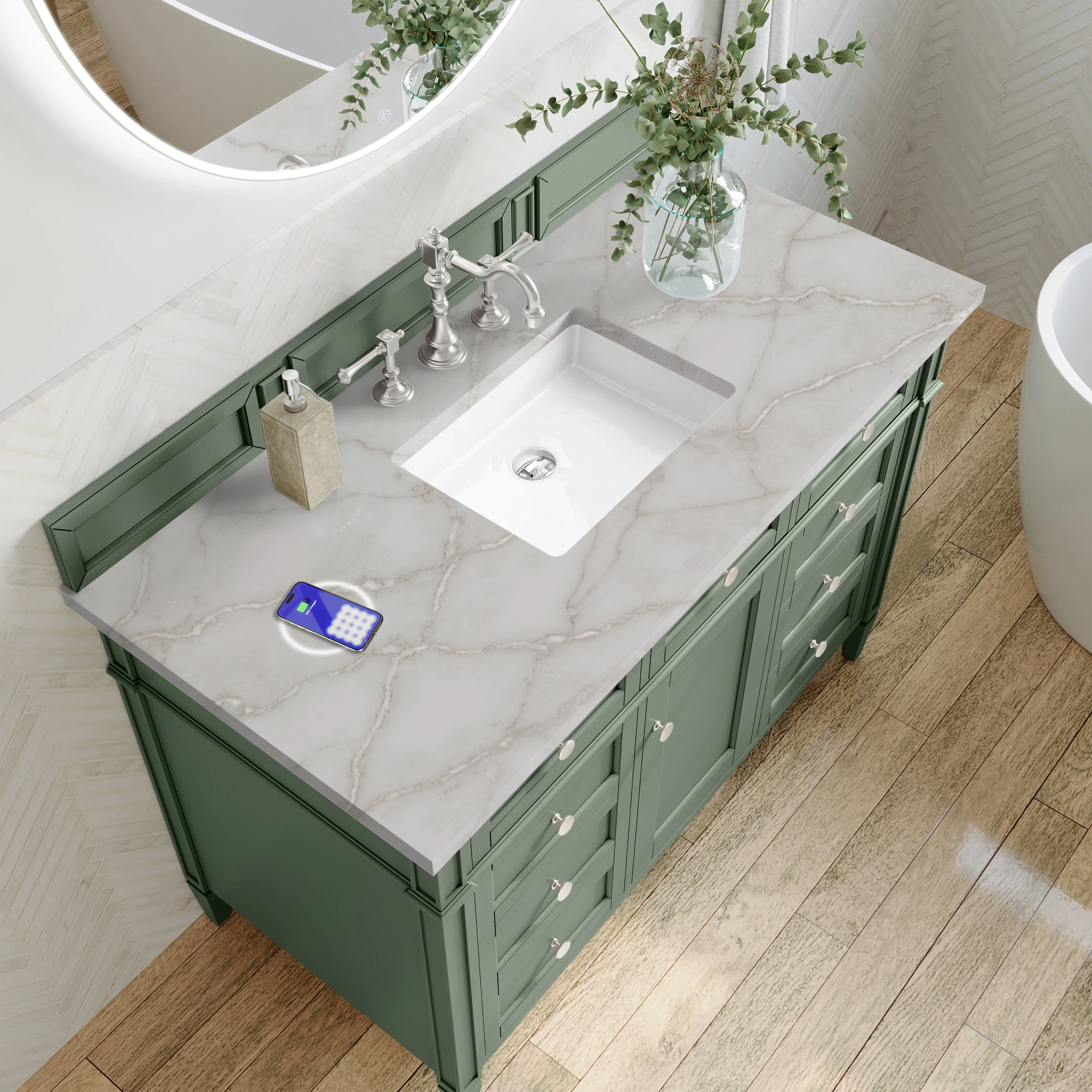 Brittany 48" Single Vanity, Smokey Celadon w/ 3 CM Victorian Silver Top w/FreePower Wireless Charger