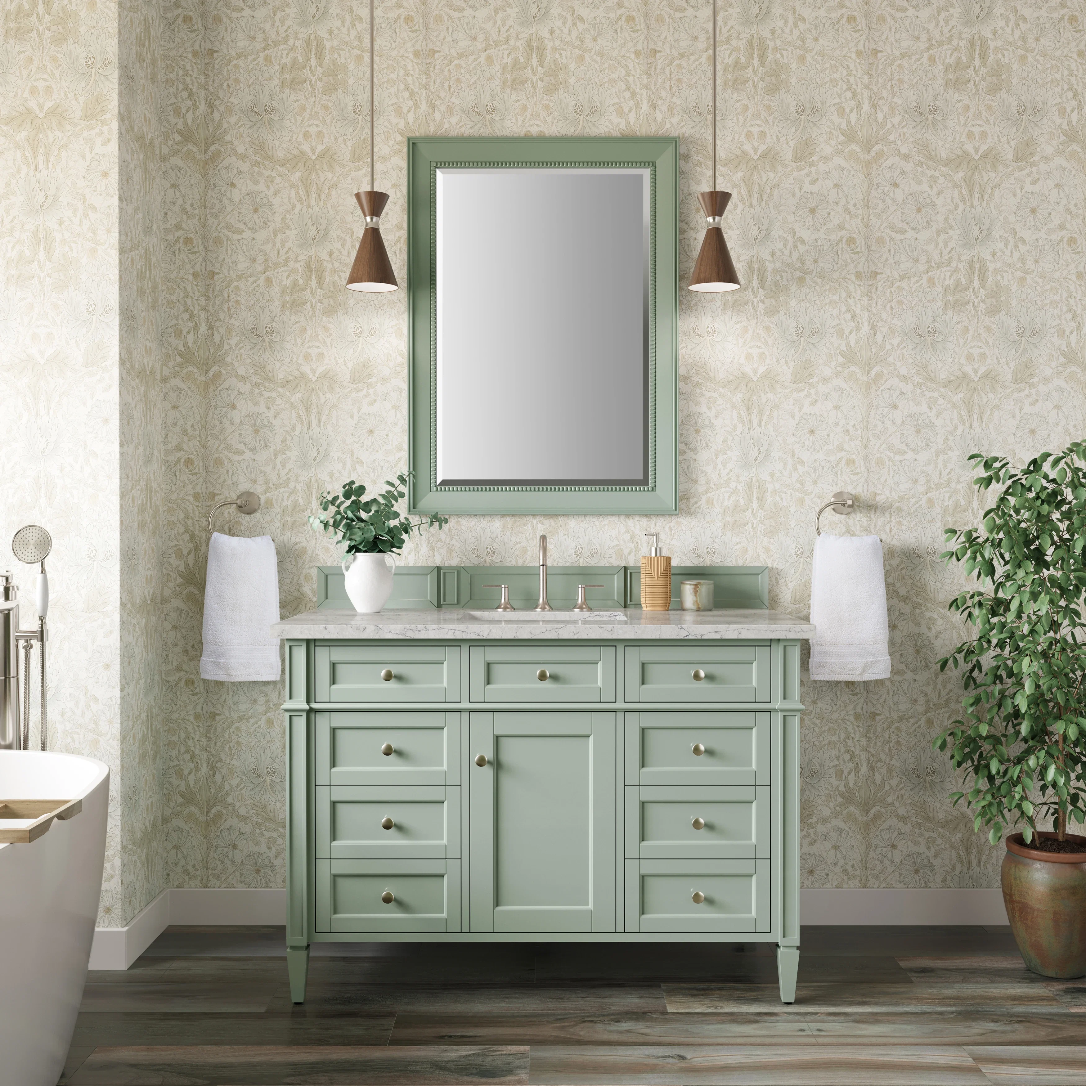 Brittany 48" Single Vanity, Sage Green w/ 3 CM Eternal Jasmine Pearl Silestone Top