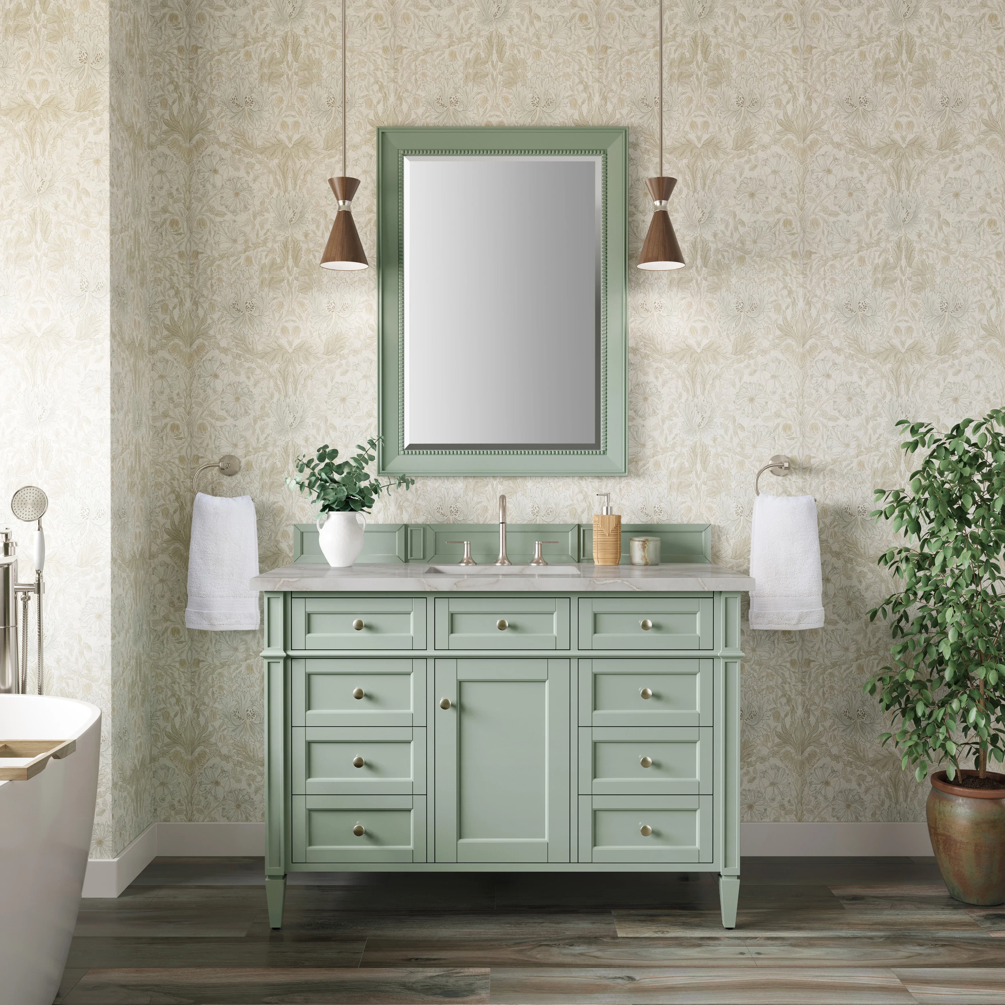Brittany 48" Single Vanity, Sage Green w/ 3 CM Victorian Silver Silestone Top