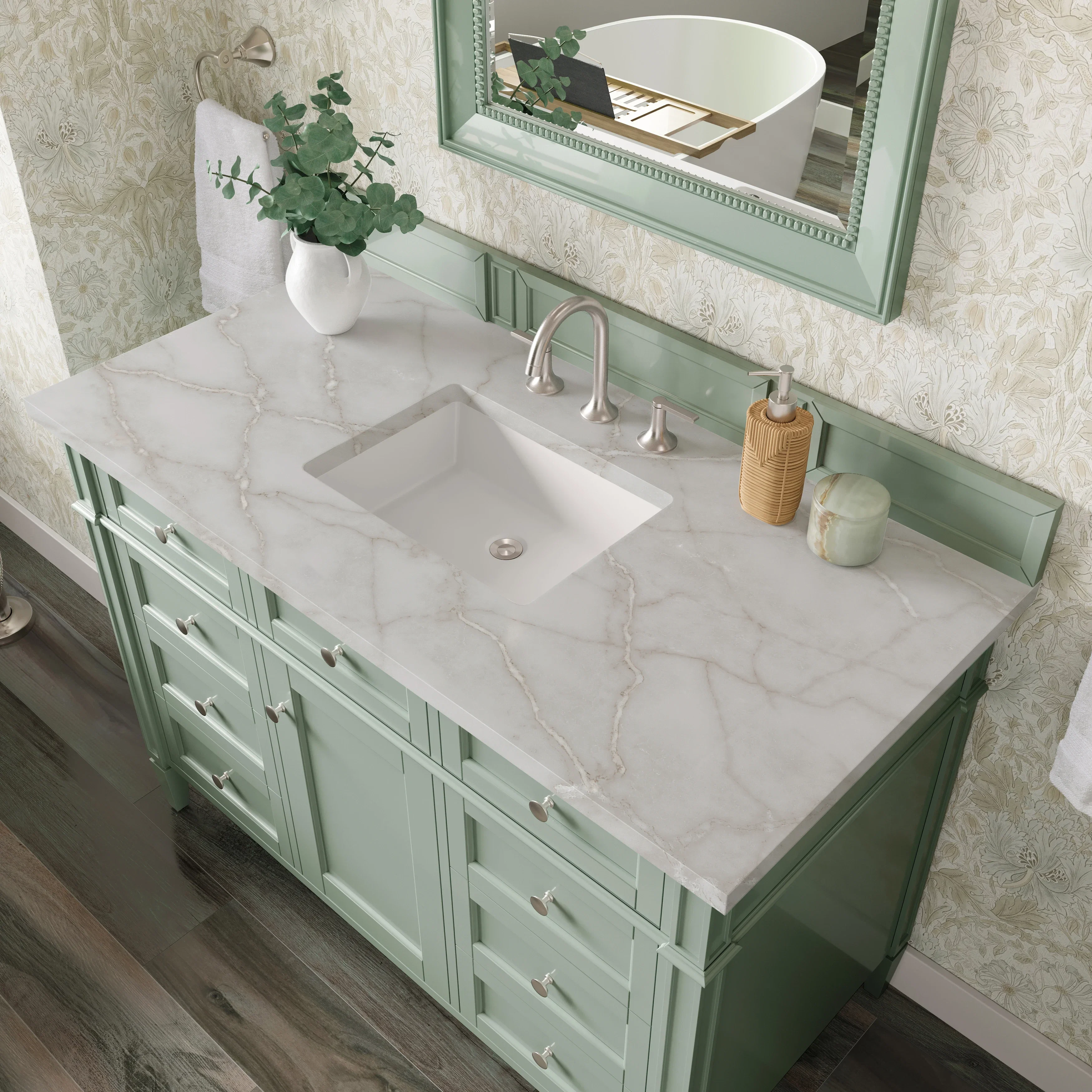 Brittany 48" Single Vanity, Sage Green w/ 3 CM Victorian Silver Silestone Top