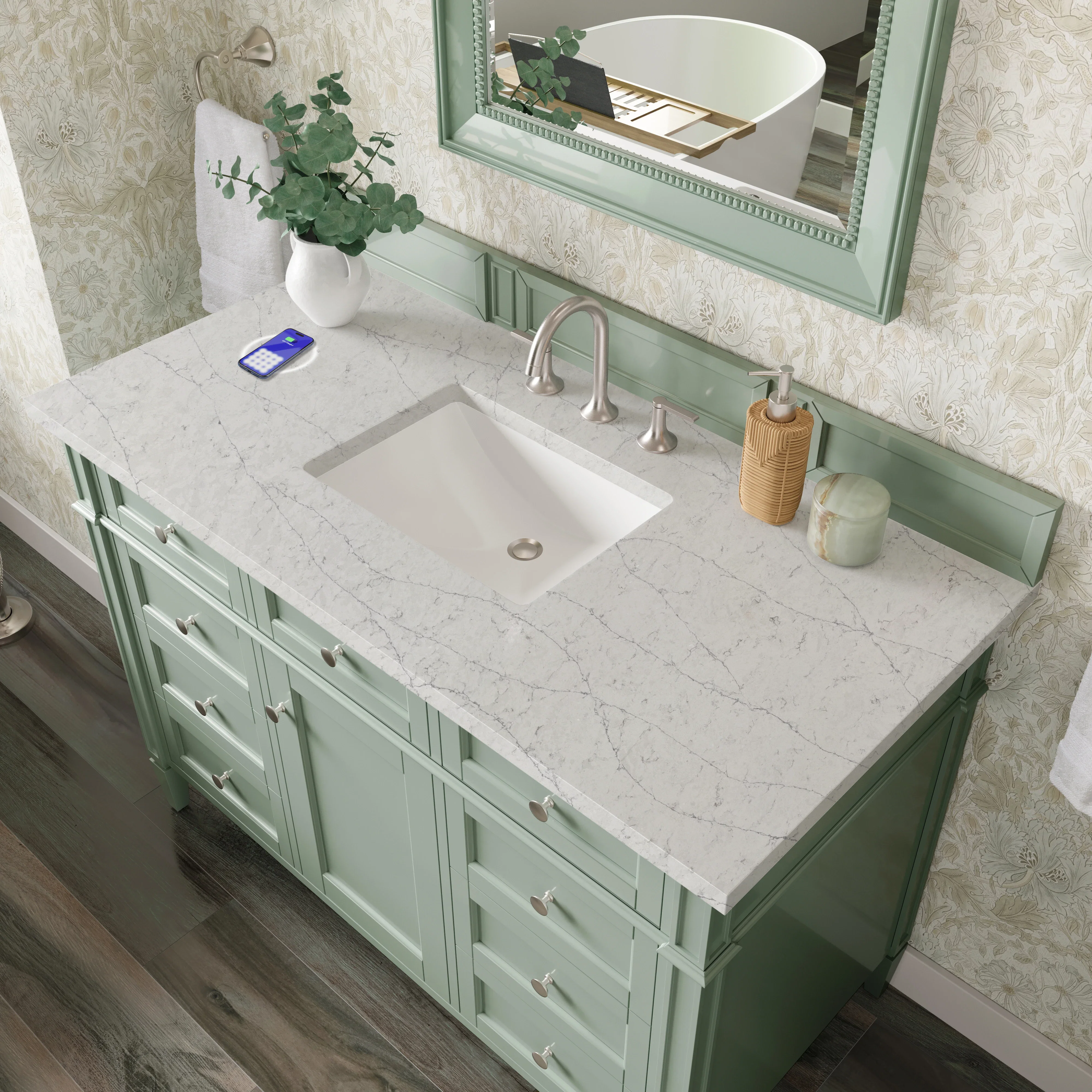 Brittany 48" Single Vanity, Sage Green w/ 3 CM Eternal Jasmine Pearl Silestone Top w/FreePower Wireless Charger