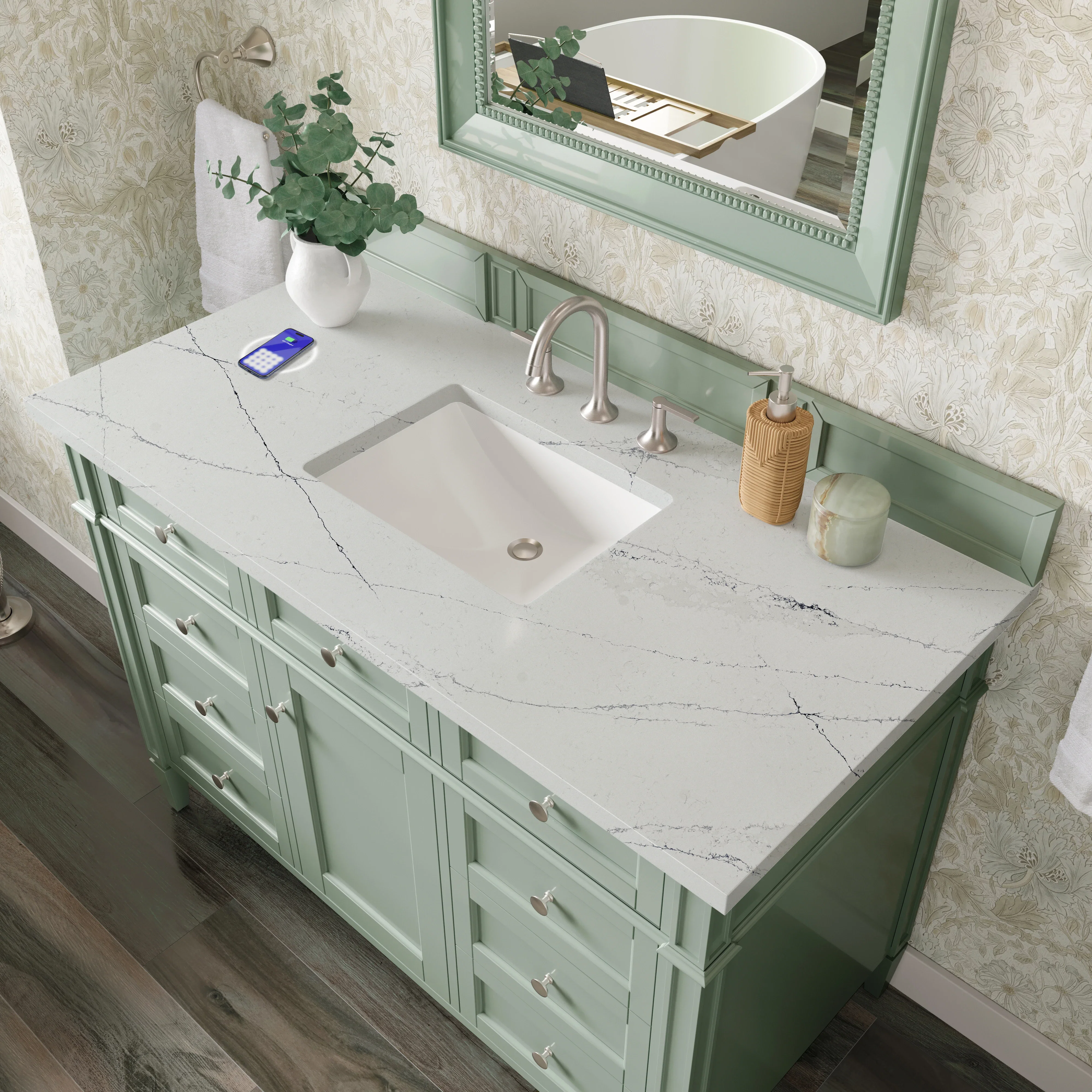 Brittany 48" Single Vanity, Sage Green w/ 3 CM Ethereal Noctis Silestone Top w/FreePower Wireless Charger