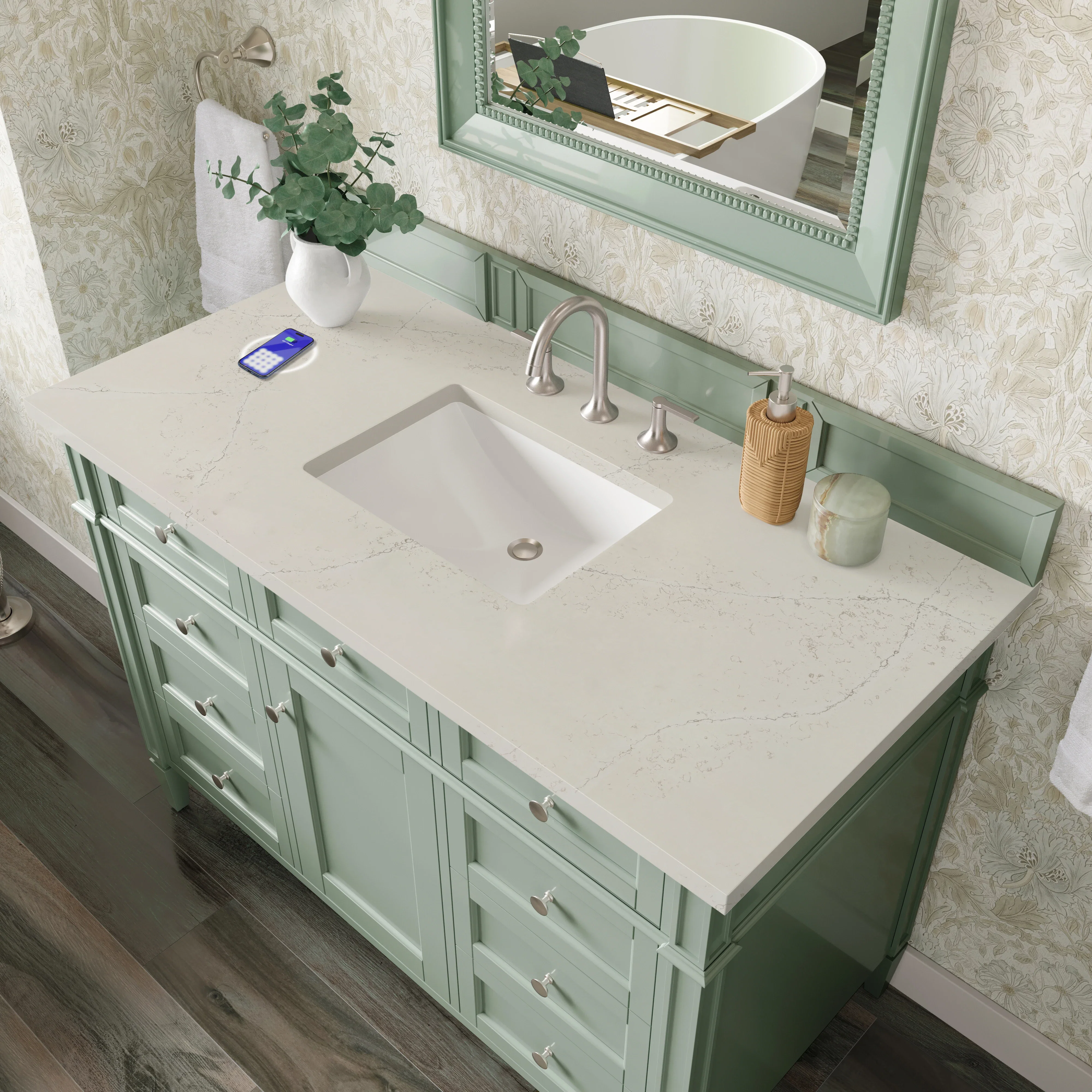 Brittany 48" Single Vanity, Sage Green, w/ 3 CM Siberian Silestone Top w/FreePower Wireless Charger