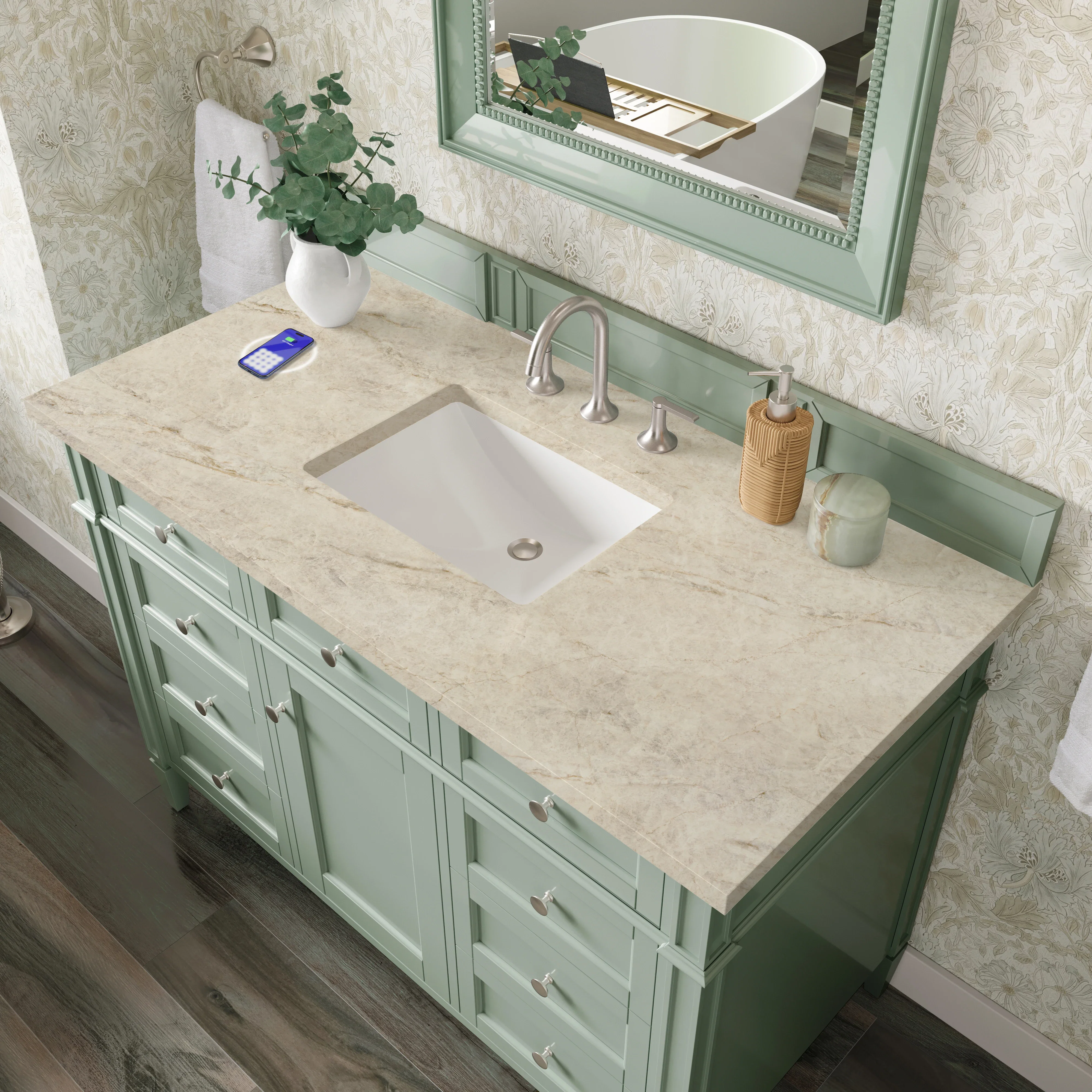 Brittany 48" Single Vanity, Sage Green, w/ 3 CM Tajnar Eclos Top w/FreePower Wireless Charger