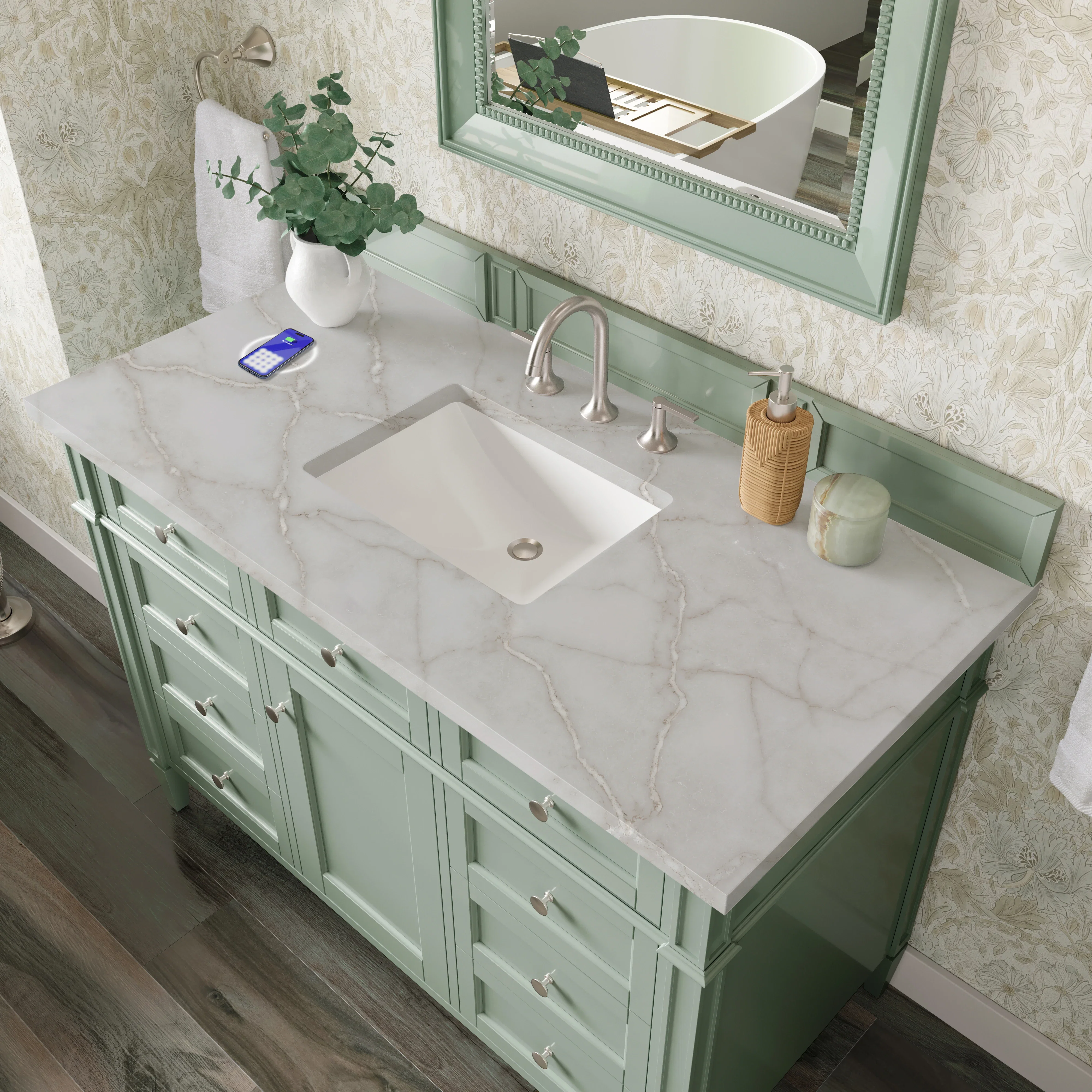 Brittany 48" Single Vanity, Sage Green w/ 3 CM Victorian Silver Silestone Top w/FreePower Wireless Charger
