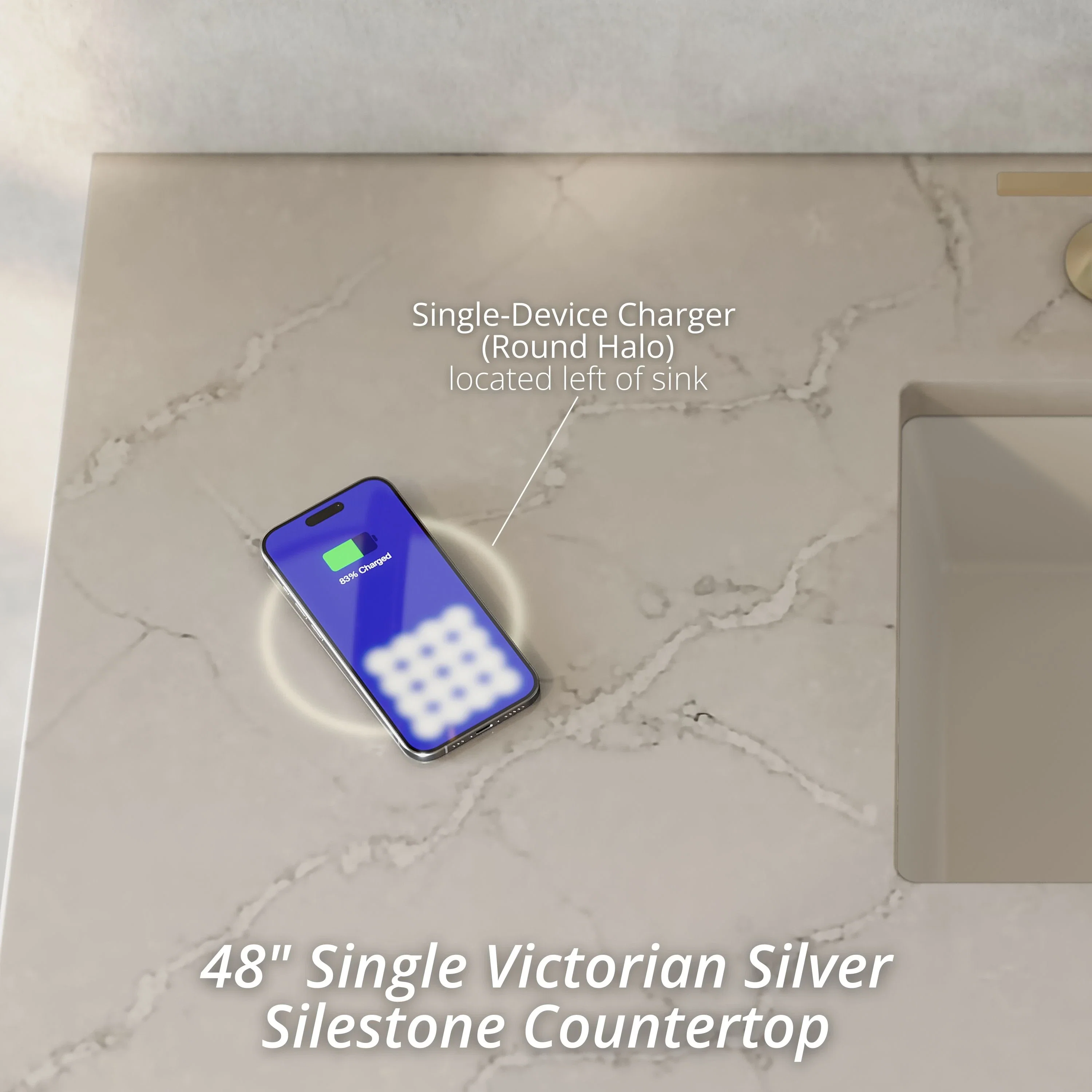 Brittany 48" Single Vanity, Sage Green w/ 3 CM Victorian Silver Silestone Top w/FreePower Wireless Charger