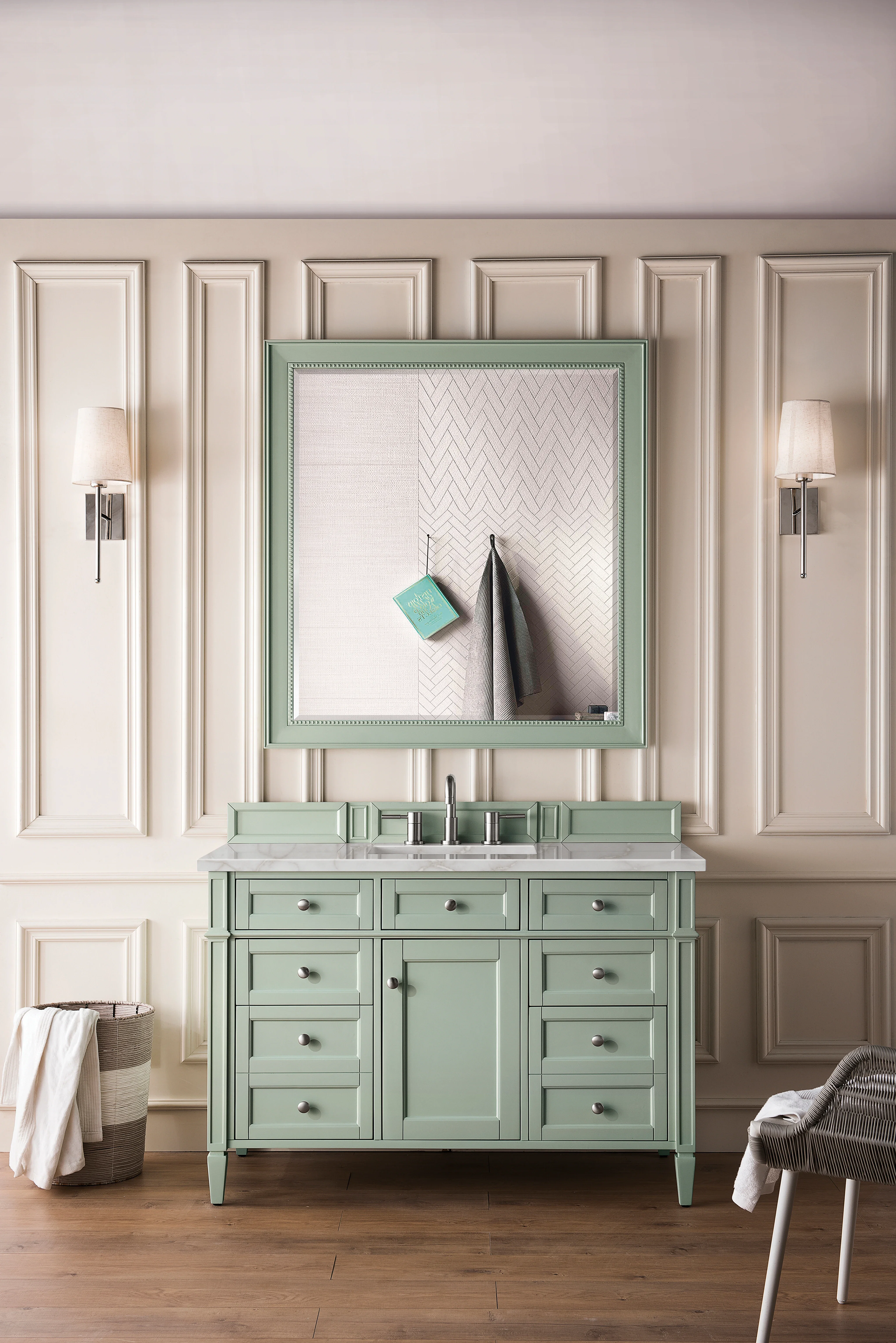 Brittany 48" Single Vanity, Sage Green w/ 3 CM Victorian Silver Silestone Top w/FreePower Wireless Charger