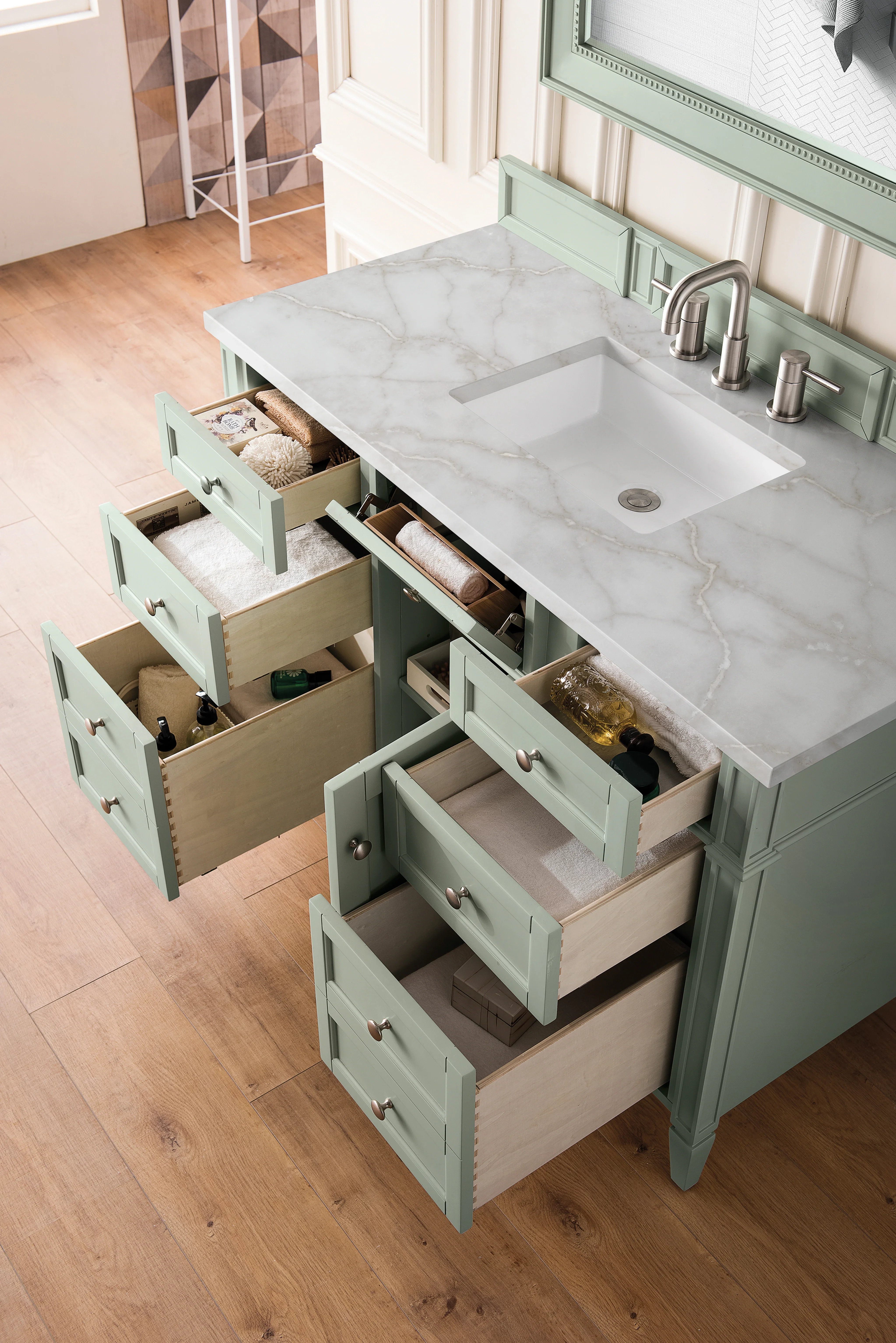 Brittany 48" Single Vanity, Sage Green w/ 3 CM Victorian Silver Silestone Top w/FreePower Wireless Charger