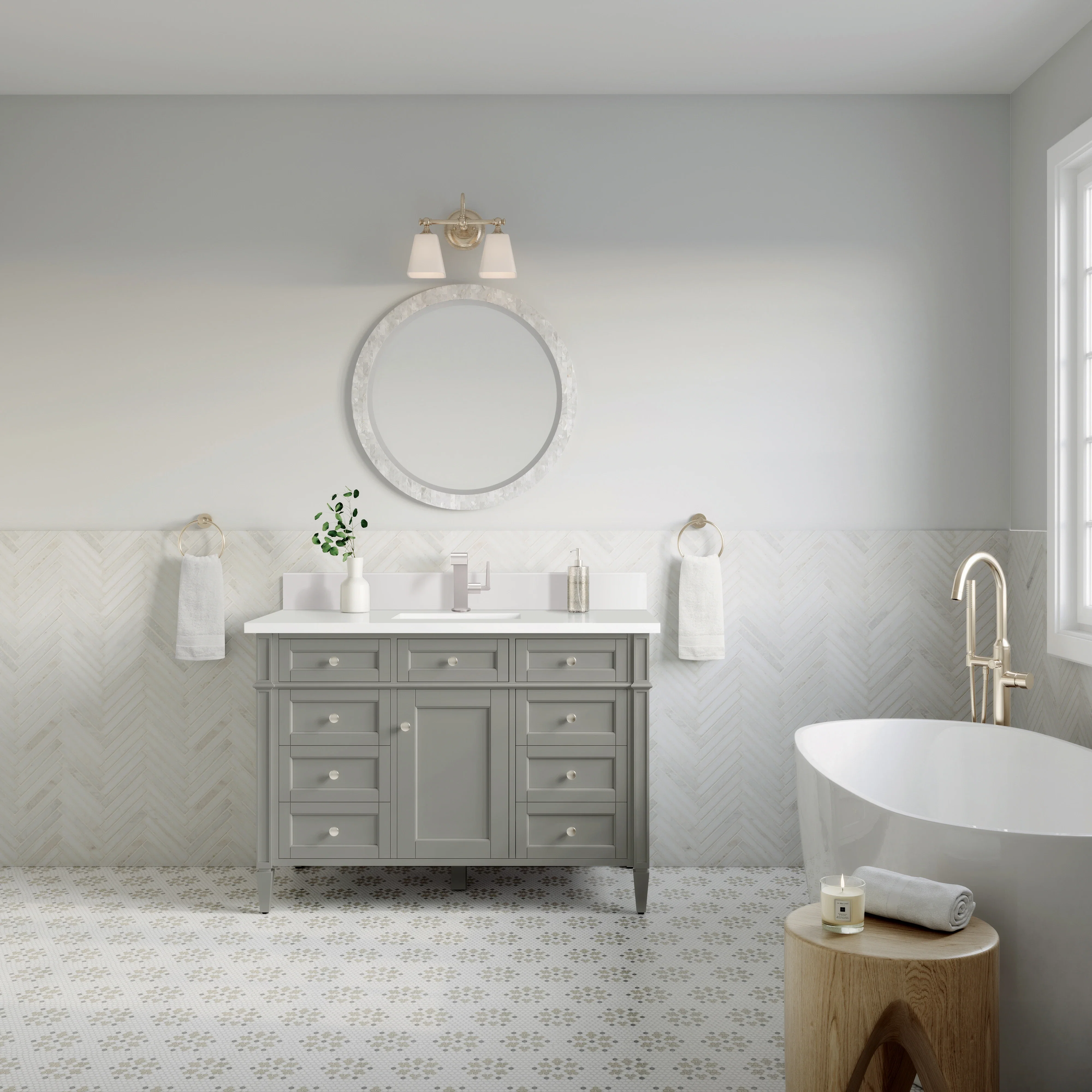 Brittany 48" Single Vanity, Urban Gray w/ Single Hole 3 CM White Zeus Silestone Top & Backsplash