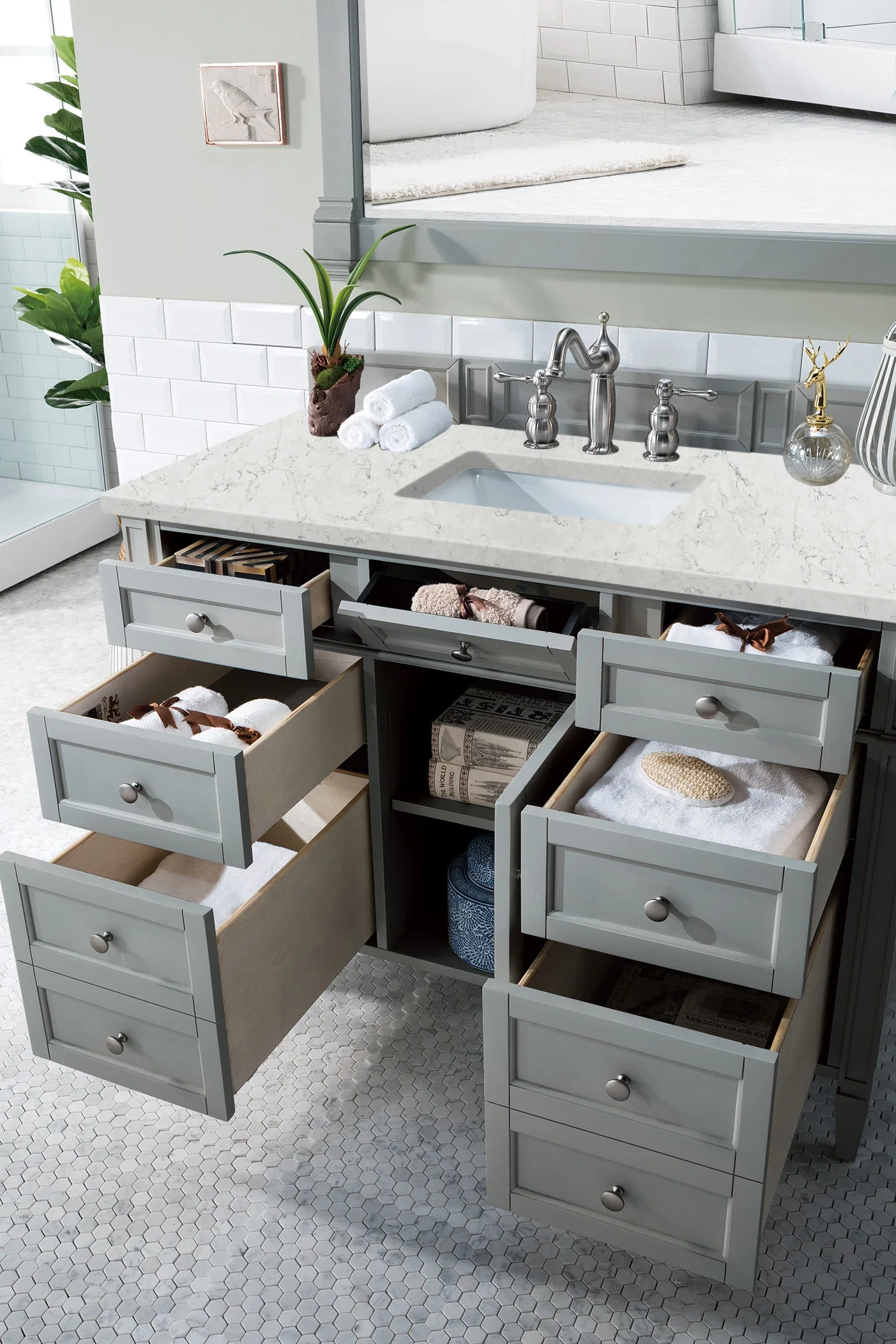 Brittany 48" Single Vanity, Urban Gray w/ 3 CM Eternal Jasmine Pearl Silestone Top w/FreePower Wireless Charger