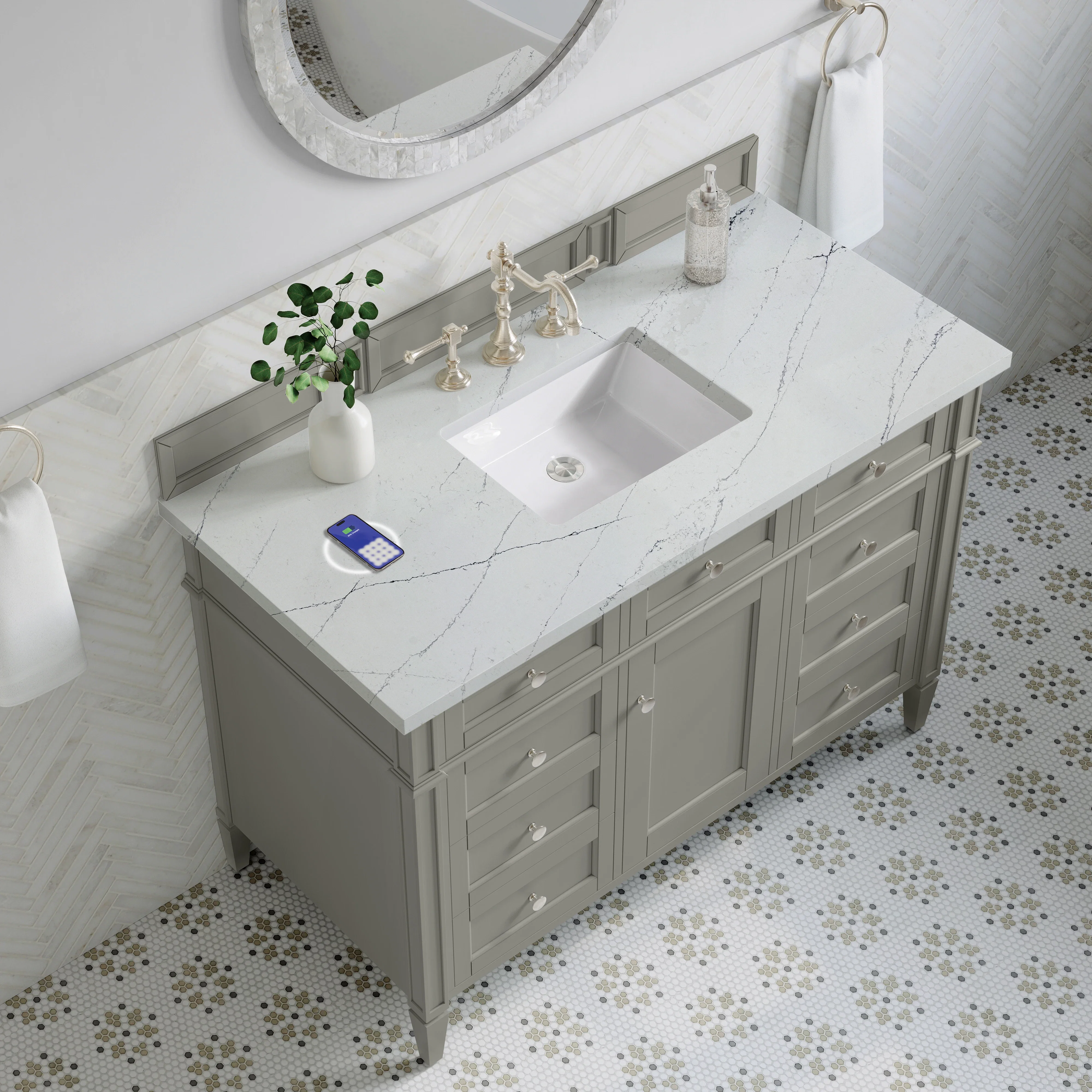 Brittany 48" Single Vanity, Urban Gray w/ 3 CM Ethereal Noctis Silestone Top w/FreePower Wireless Charger