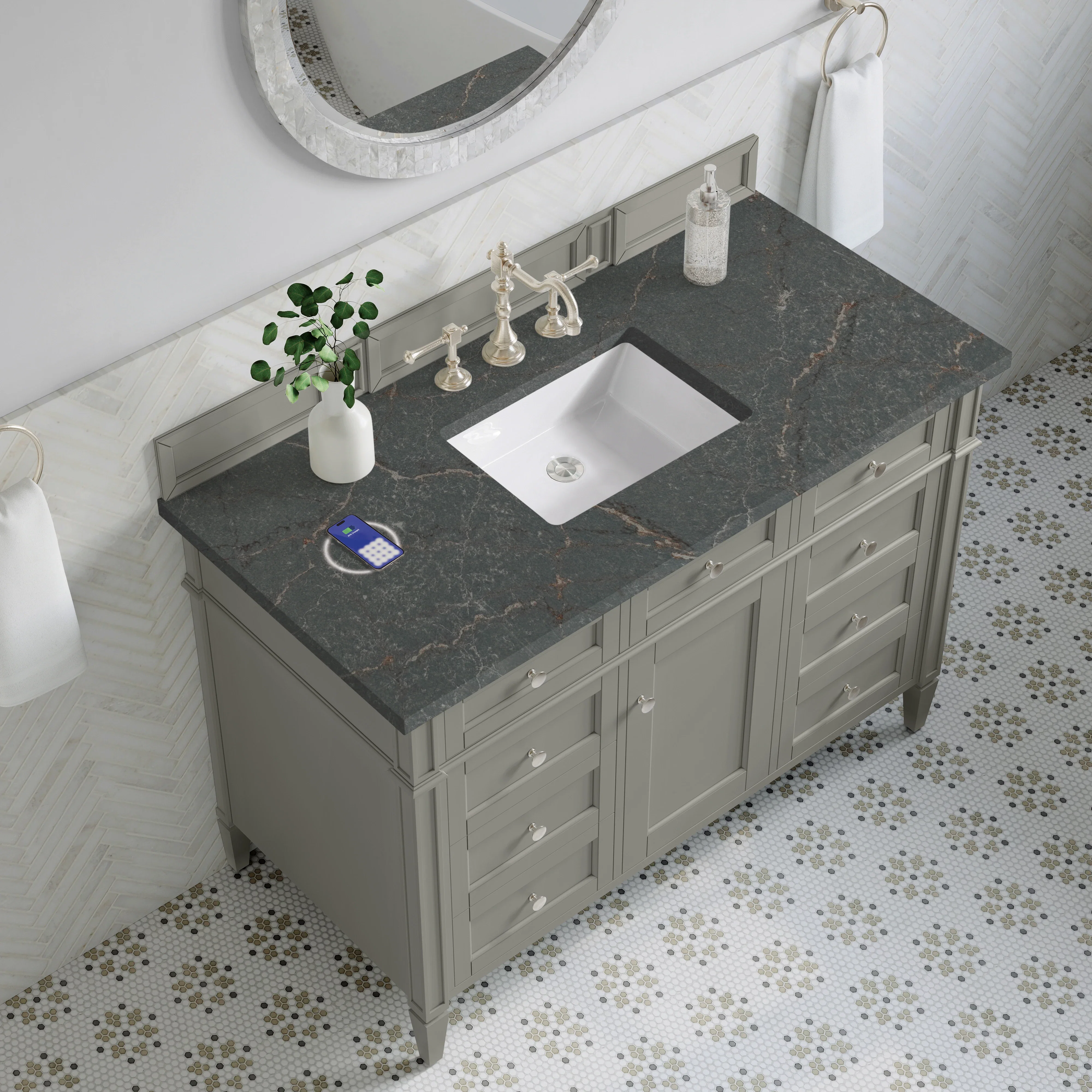 Brittany 48" Single Vanity, Urban Gray w/ 3 CM Parisien Bleu Silestone Top w/FreePower Wireless Charger