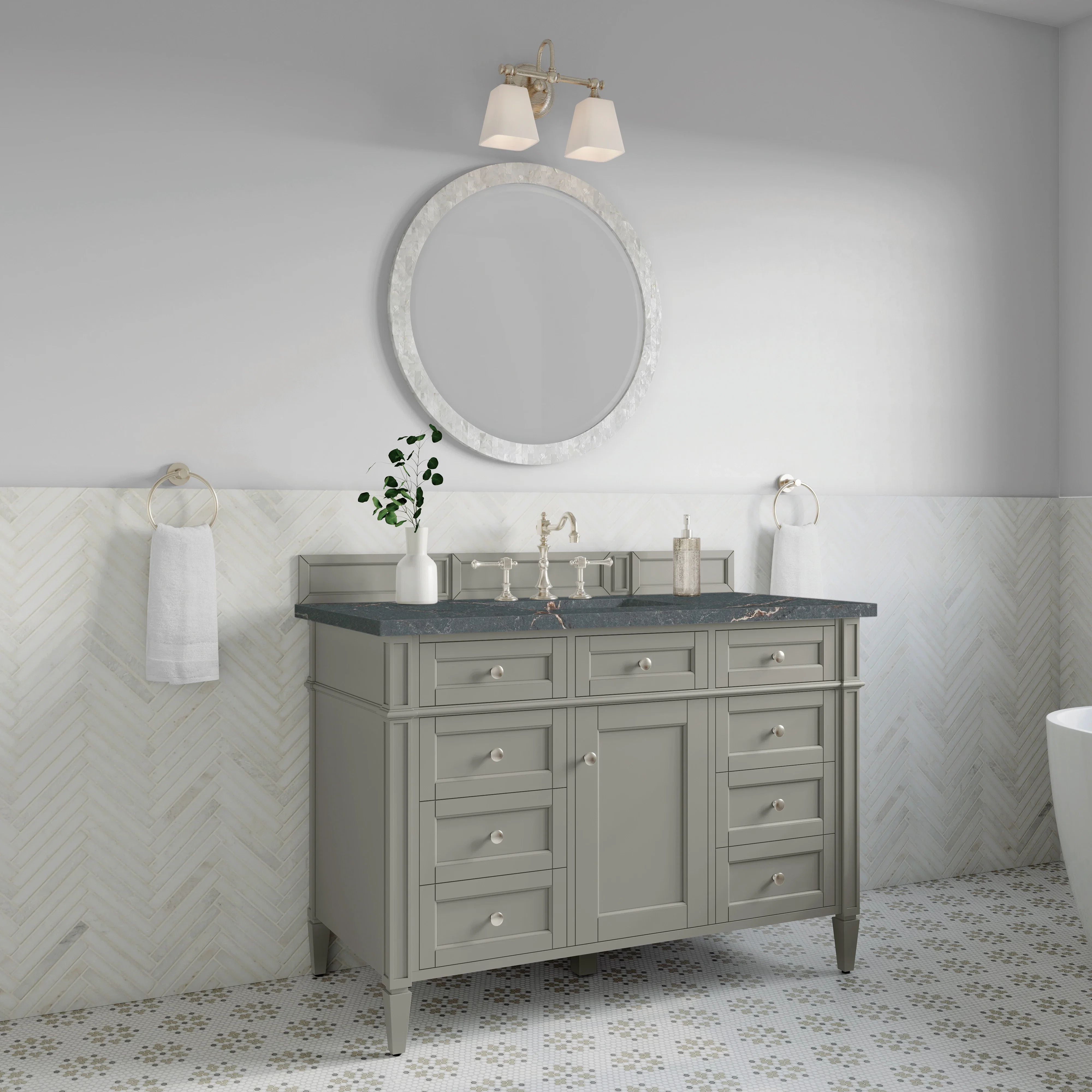 Brittany 48" Single Vanity, Urban Gray w/ 3 CM Parisien Bleu Silestone Top w/FreePower Wireless Charger