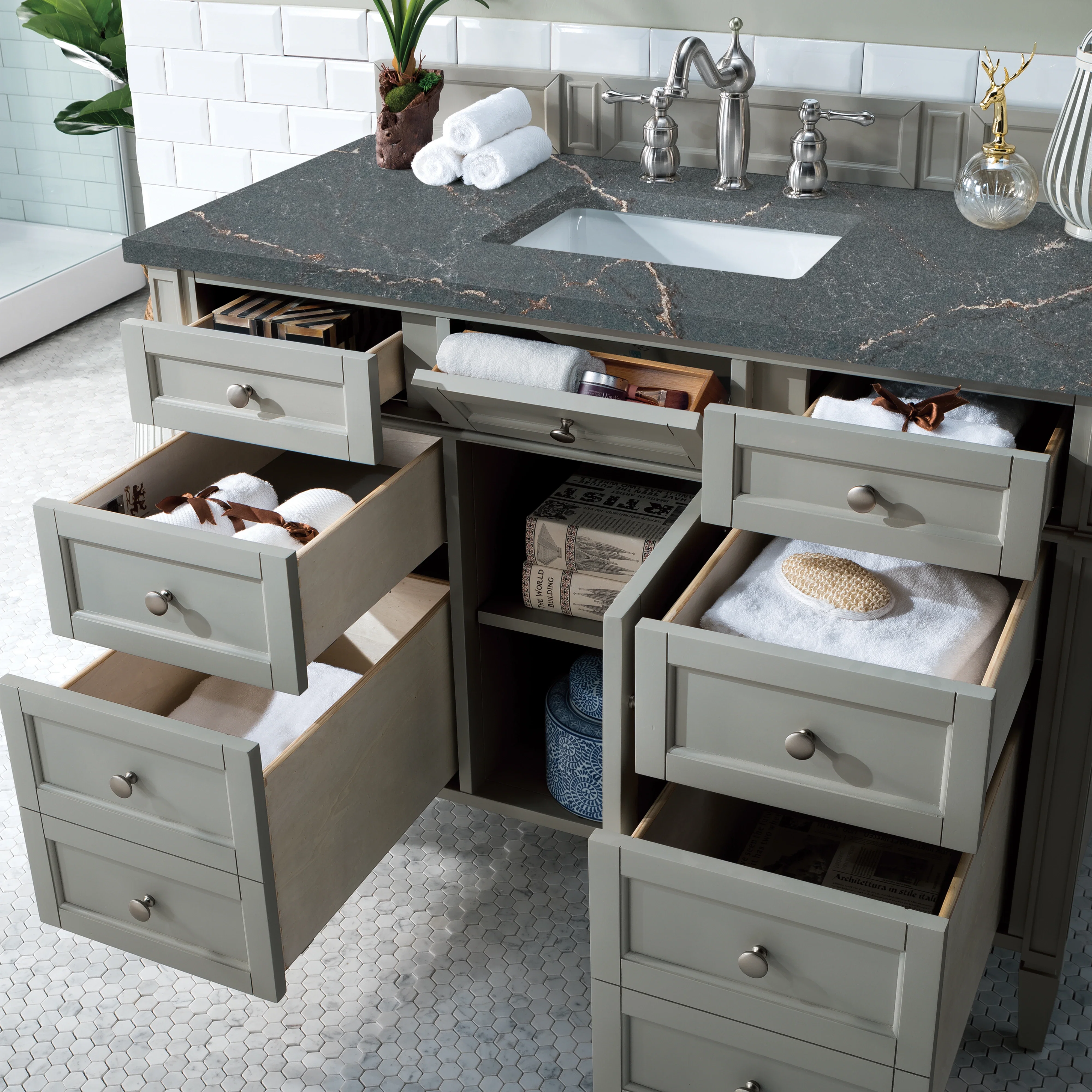 Brittany 48" Single Vanity, Urban Gray w/ 3 CM Parisien Bleu Silestone Top w/FreePower Wireless Charger